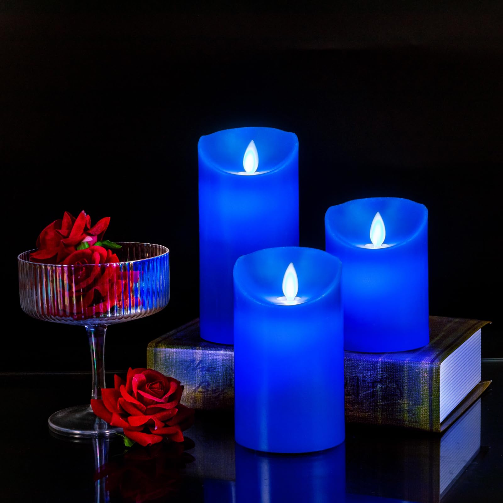 Windshell Blue Flame Candles (Blue Led Light Source), Moving Wick Design, Real Wax/Battery Operated, Remote Control With Timer A