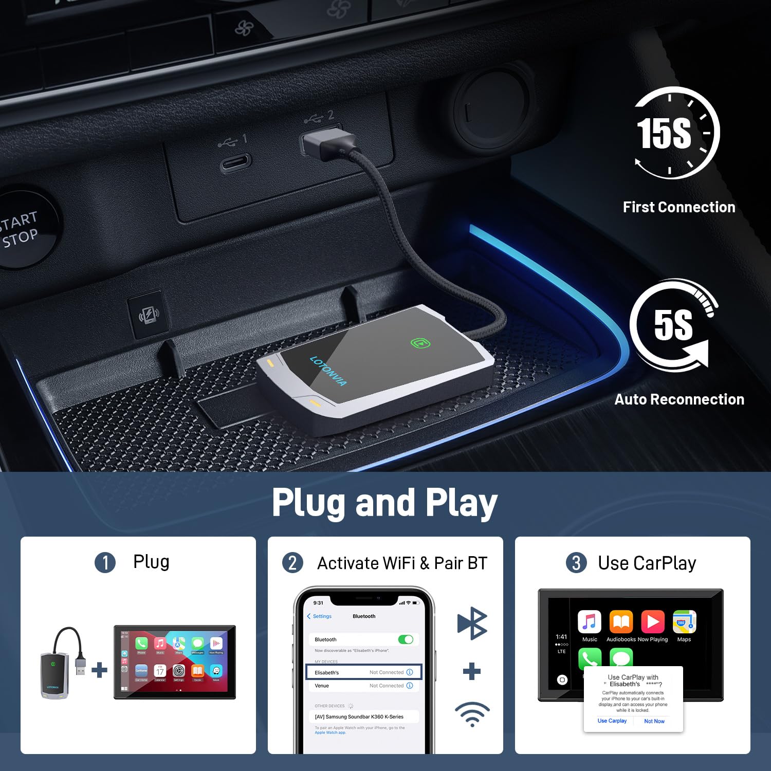 Wireless Carplay Adapter For Iphone, Upgraded 5.8Ghz Carplay Wireless Adapter Converts Wired To Wireless, Plug & Play, No Latenc