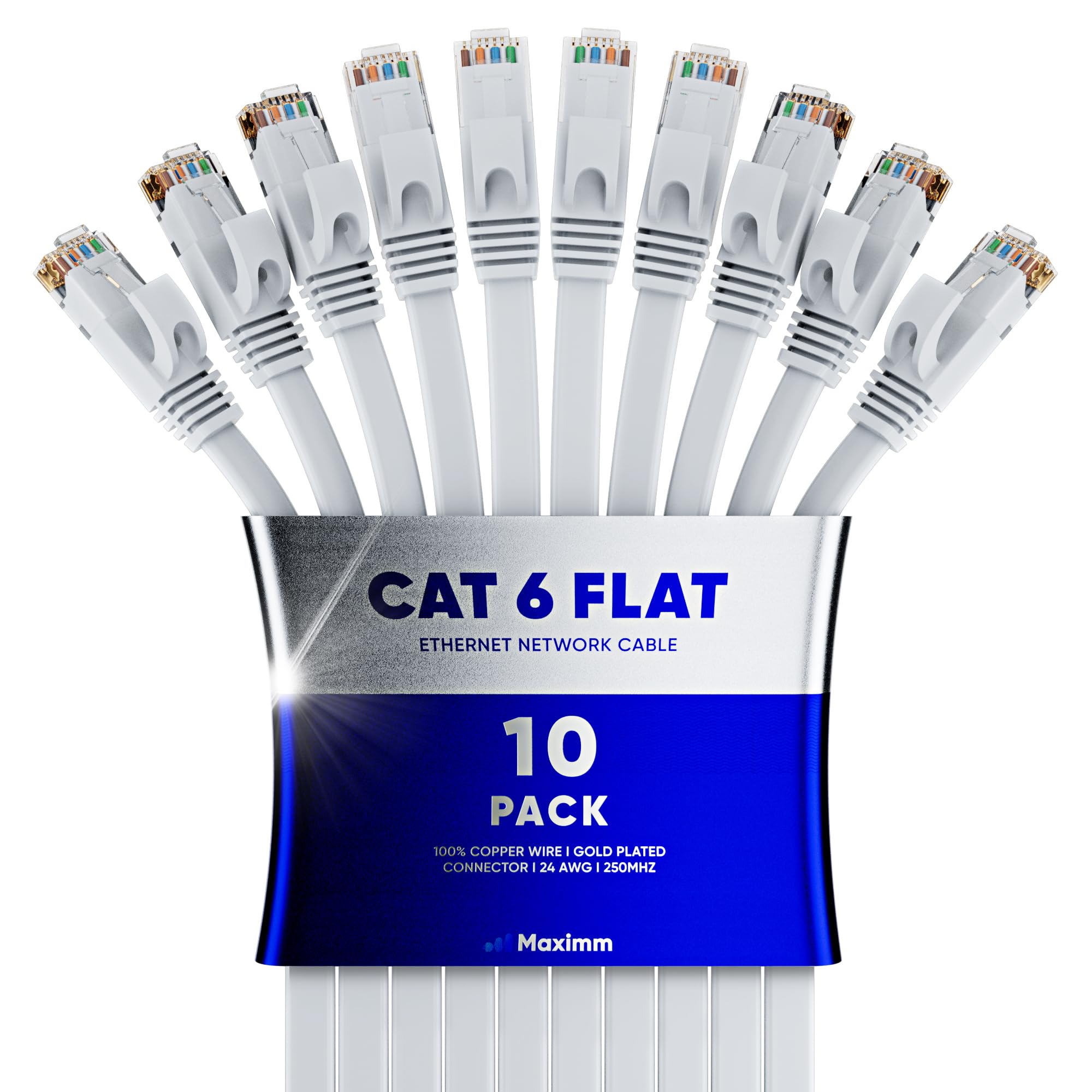 Cat 6 Ethernet Cable 20 Ft   With A Flat, Space Saving Design High Speed Internet & Network Lan Patch Cable, Rj45 Connectors   20Ft / White / 10 Pack   Perfect For Gaming, Streaming, And More
