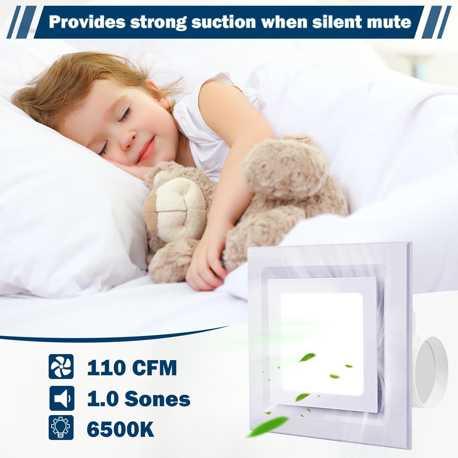 Feiton Square Bathroom Exhaust Fan With Led Light, 110 Cfm 30W 4 Inch Duct, 110 220V 1.0 Sones Quiet Bathroom Ventilation Fan Li