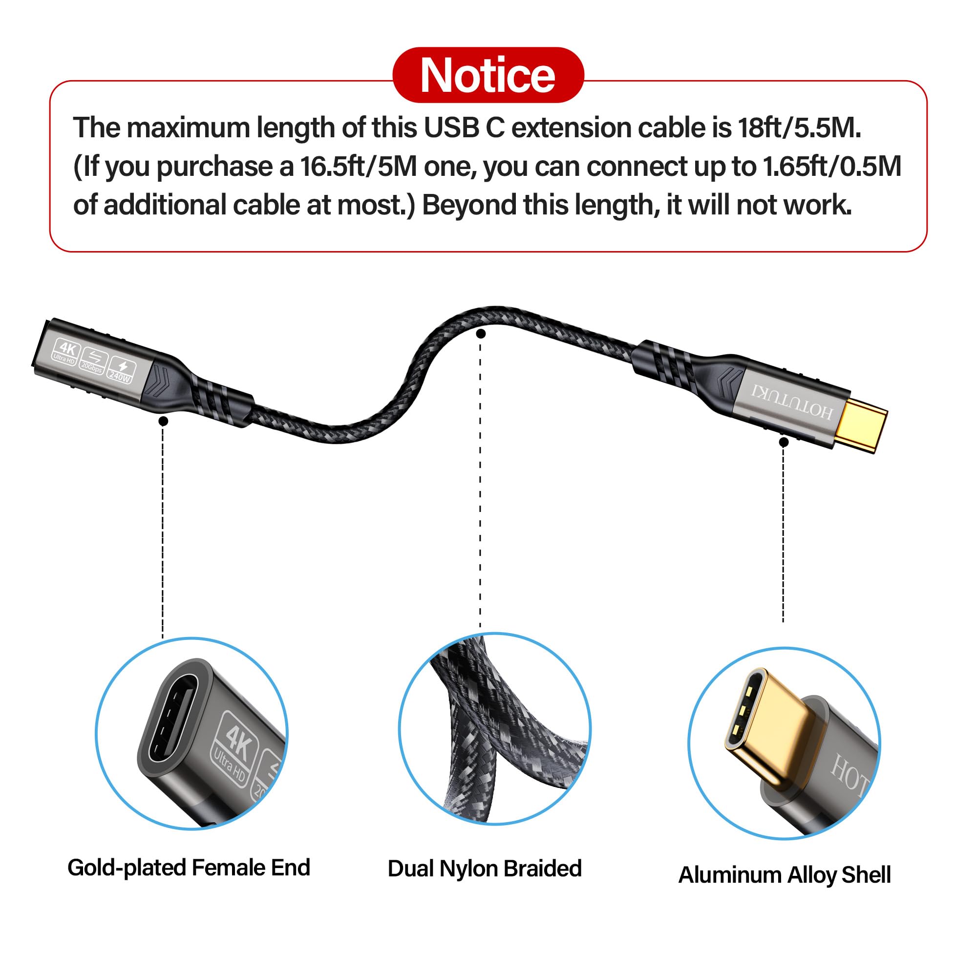 Hotutuki Usb C Extension Cable 20Gbps, Usb 3.2 Extension Cable 6.6Ft Ultra Hd 4K@60Hz 240W Charging 20Gbps Data Transfer Usb C 3