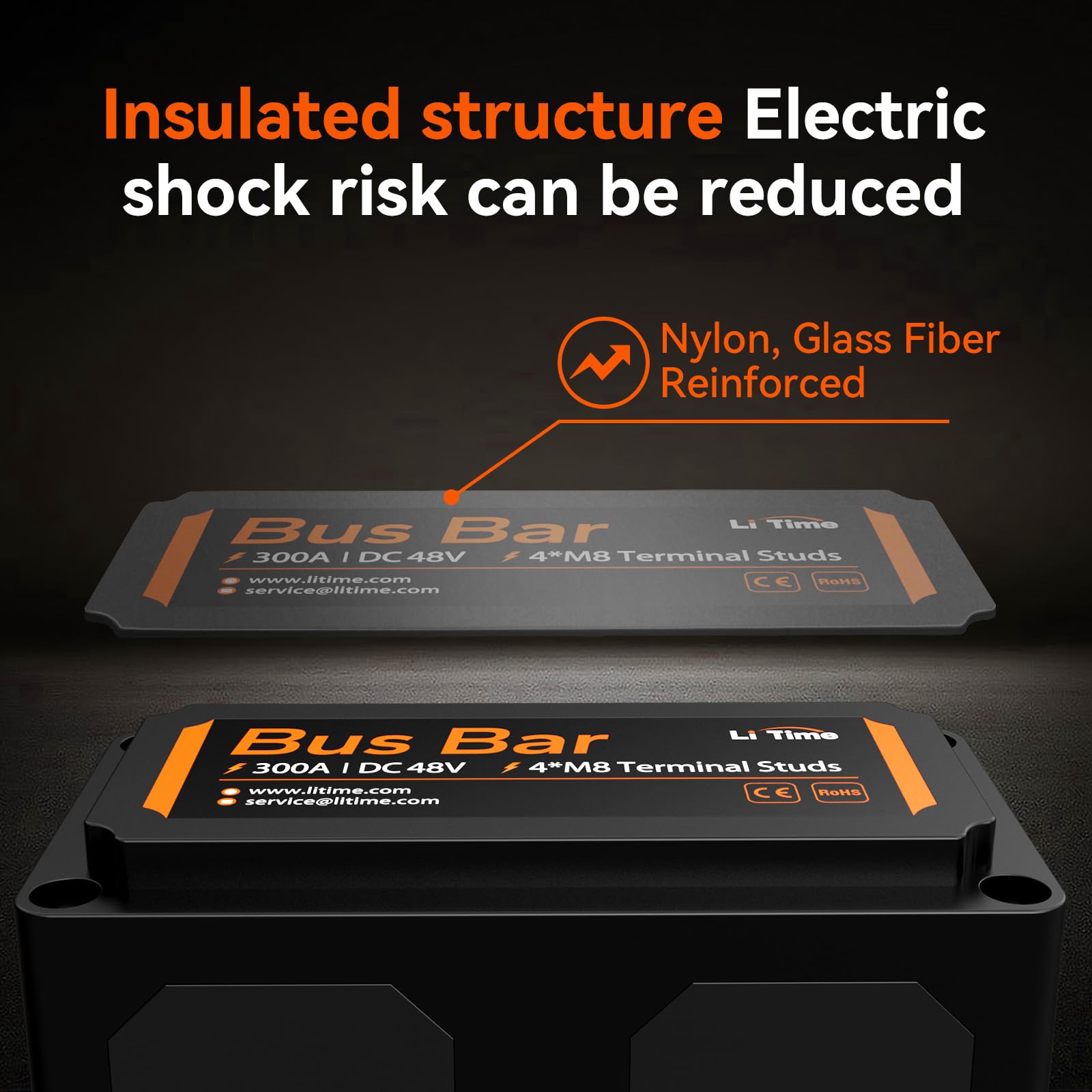 Litime Bus Bar High Voltage 300A L-BSBR300A-BK-H Copper Black for LiFePO4 Batteries