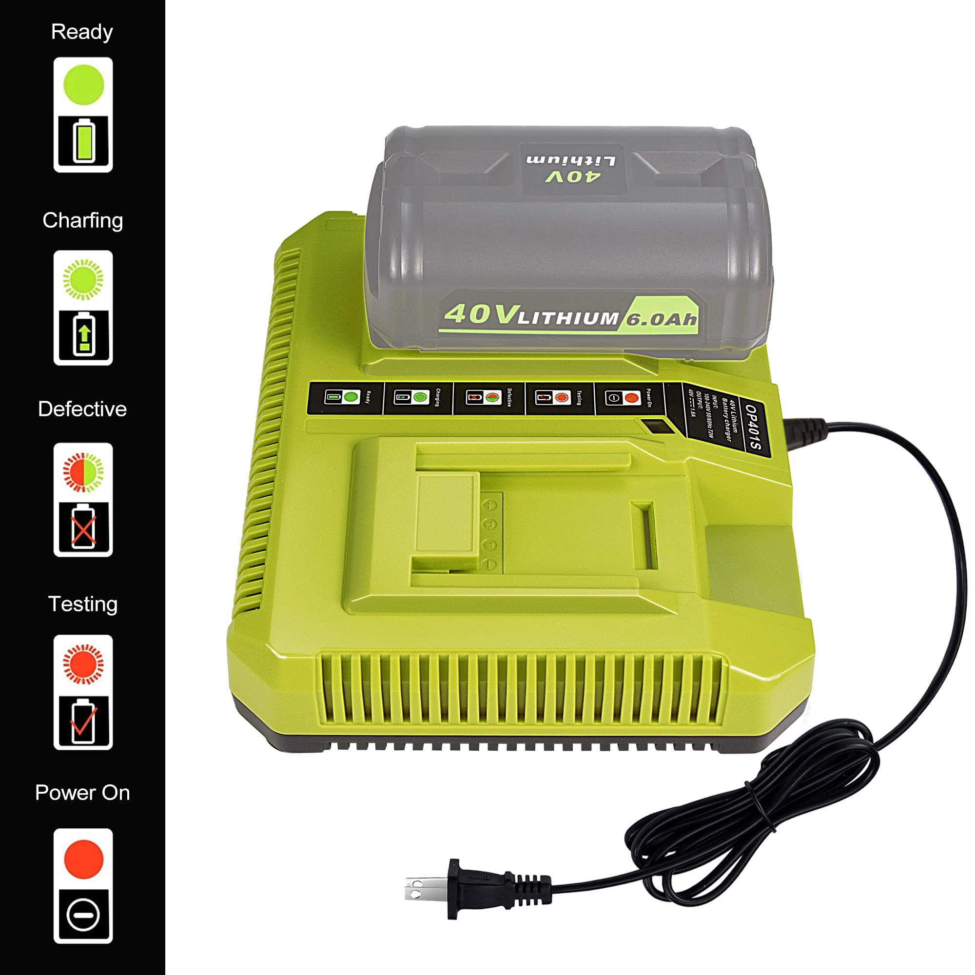 Chaunven 40V Charger For Ryobi, Op401 40 Volt Lithium Ion Battery Dual Charger For Op4015 Op4026 Op4030 Op4040 Op4050 Op4060 Bat