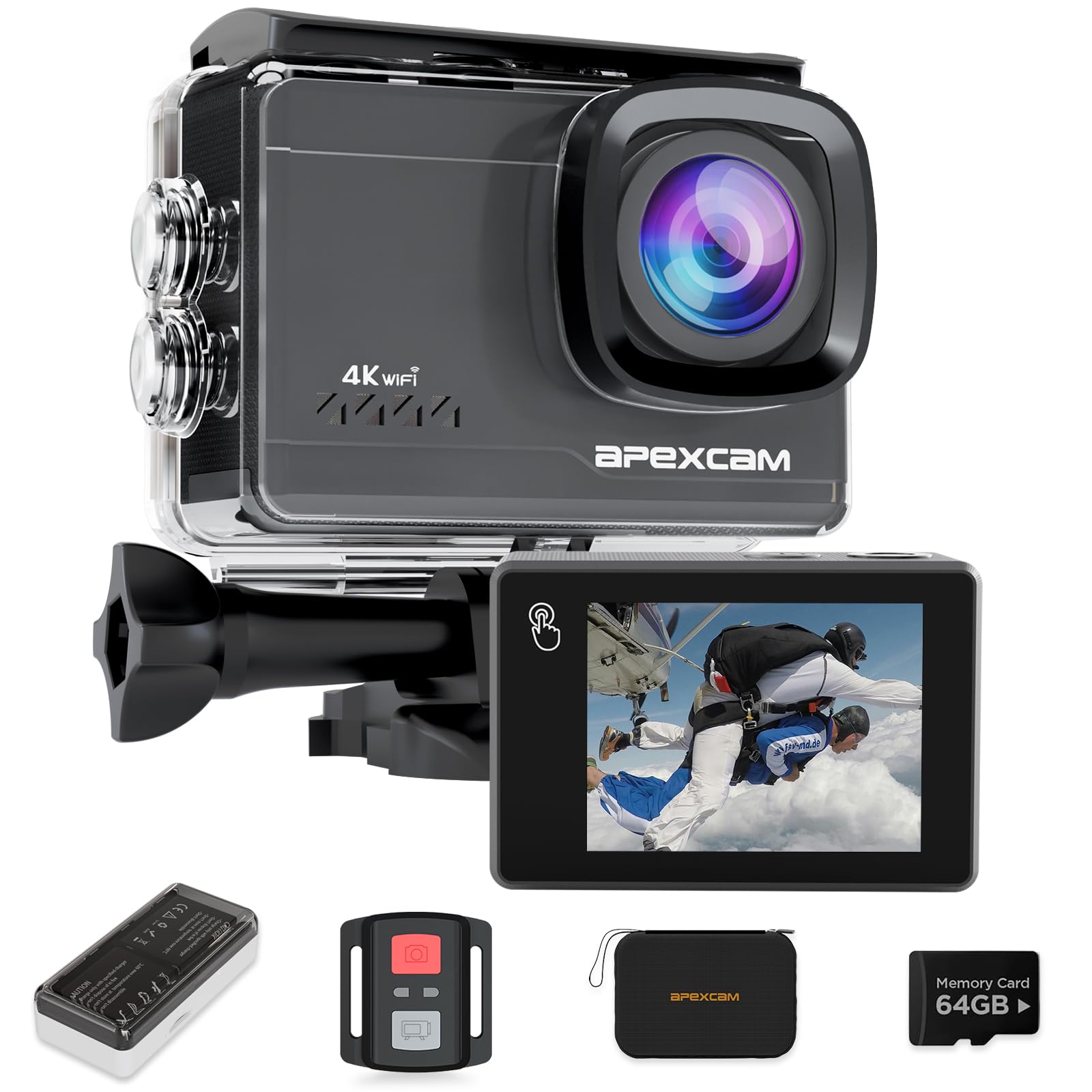 Apexcam M90 Action Camera with 64GB Card Action Cam 4K60FPS 64MP WiFi EIS Image Stabilization with Touchscreen Underwater Camera