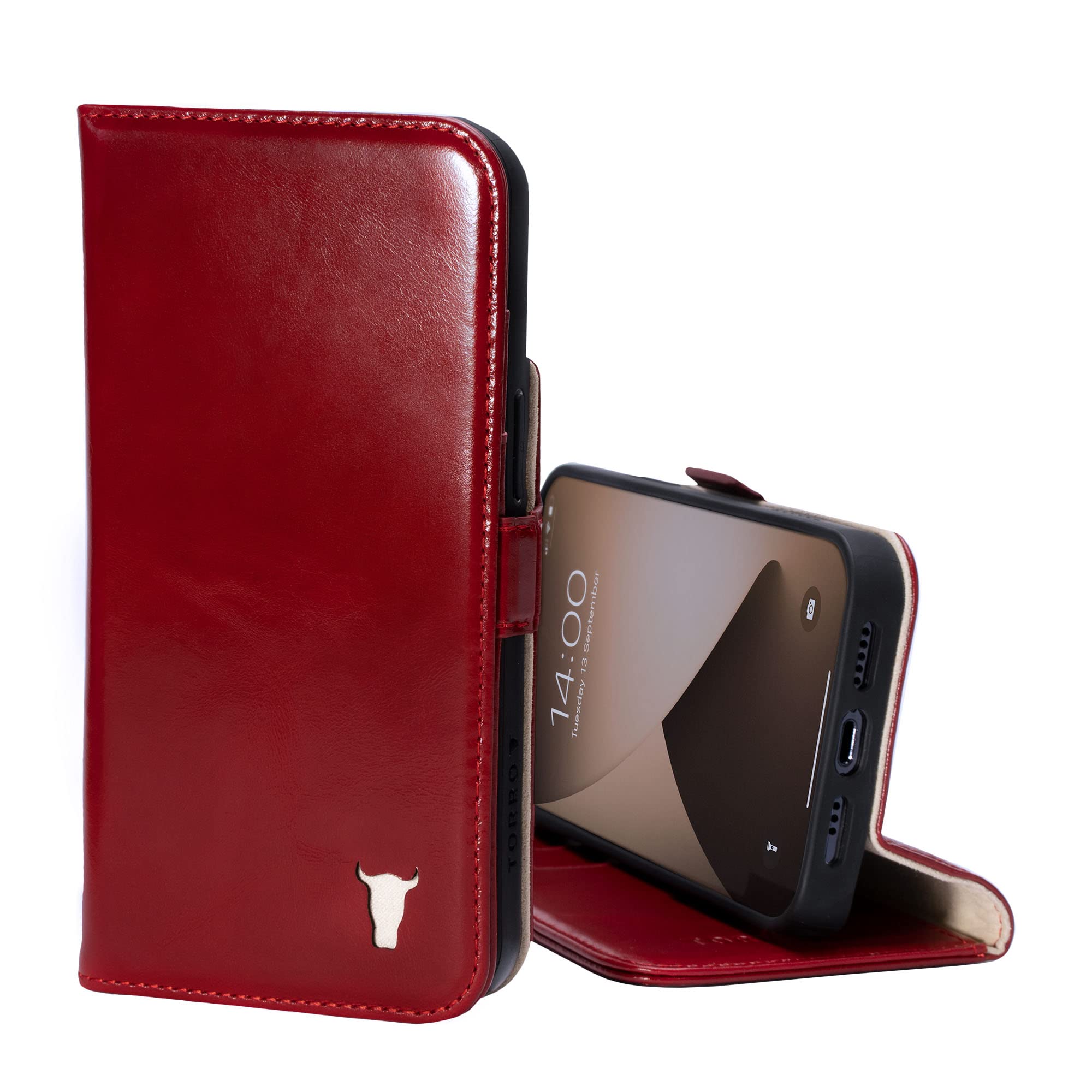 Torro Leather Case Compatible With Iphone 14   Genuine Leather Wallet Case/Cover With Card Holder And Stand Function (Red)