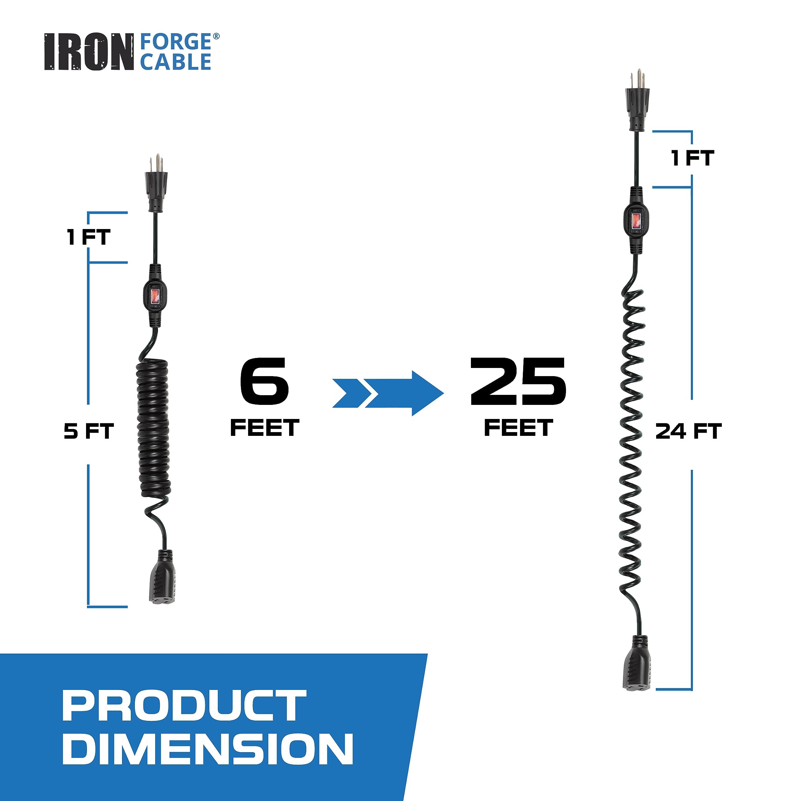 Iron Forge Cable Sjeow 25 Ft Black Outdoor Coiled Extension Cord With Inline Ip65 Waterproof Switch On/Off, 16/3 Oil Resistant &