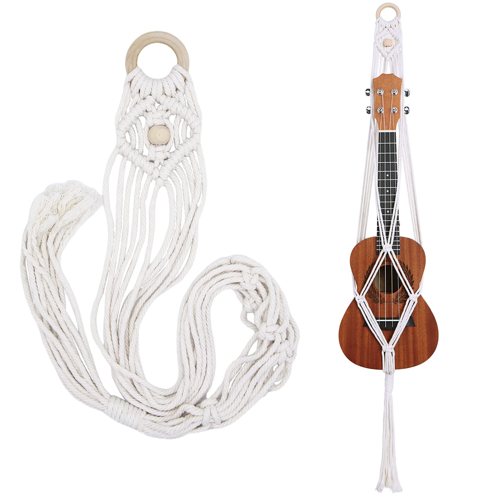 Majowir Macrame Ukulele Hanger Wall Mount   Handwoven Ukulele Wall Mount Holder For Soprano Ukulele, Boho Wall Decor, Natural Co