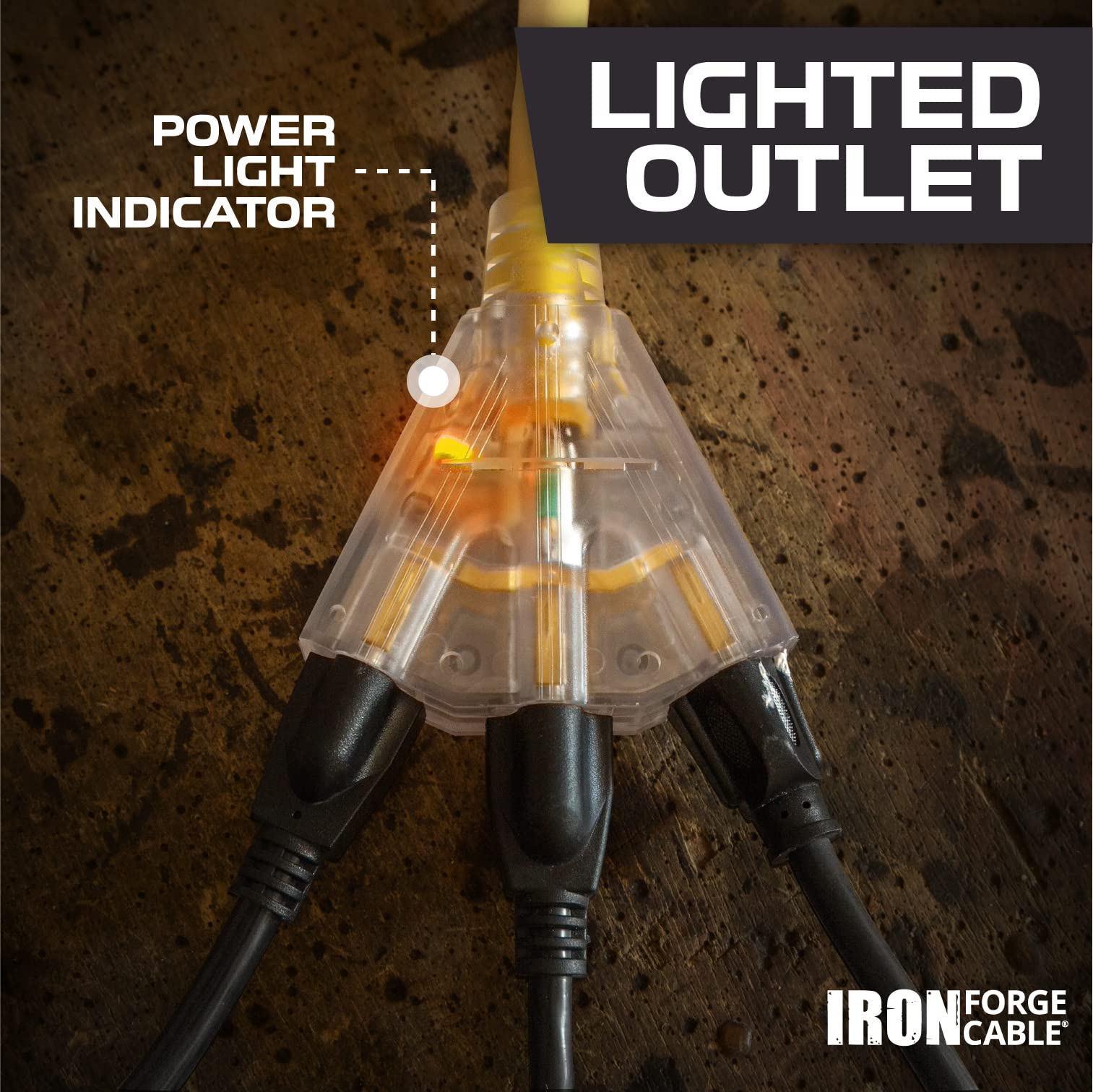 Iron Forge Cable Lighted Outdoor Extension Cord 2 Ft 3 Outlets, 2 Pack, 12 Gauge Heavy Duty Extension Cord With Multiple Outlets