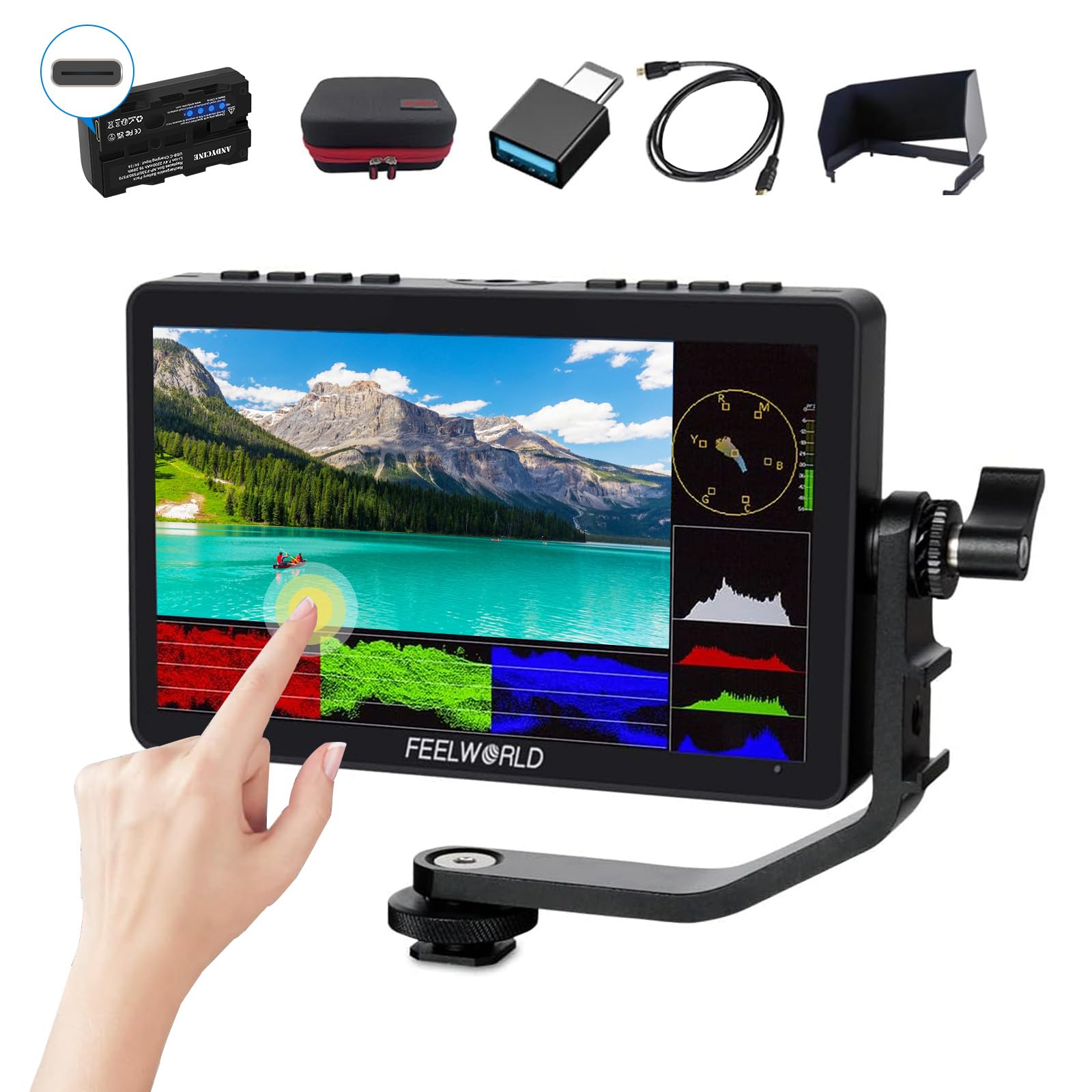 Feelworld F5 Pro V4 6  Inch Dslr Camera Field Monitor Bundle + Battery+Carry Case+ Micro Hdmi Cords   Touch Screen Video Monitor