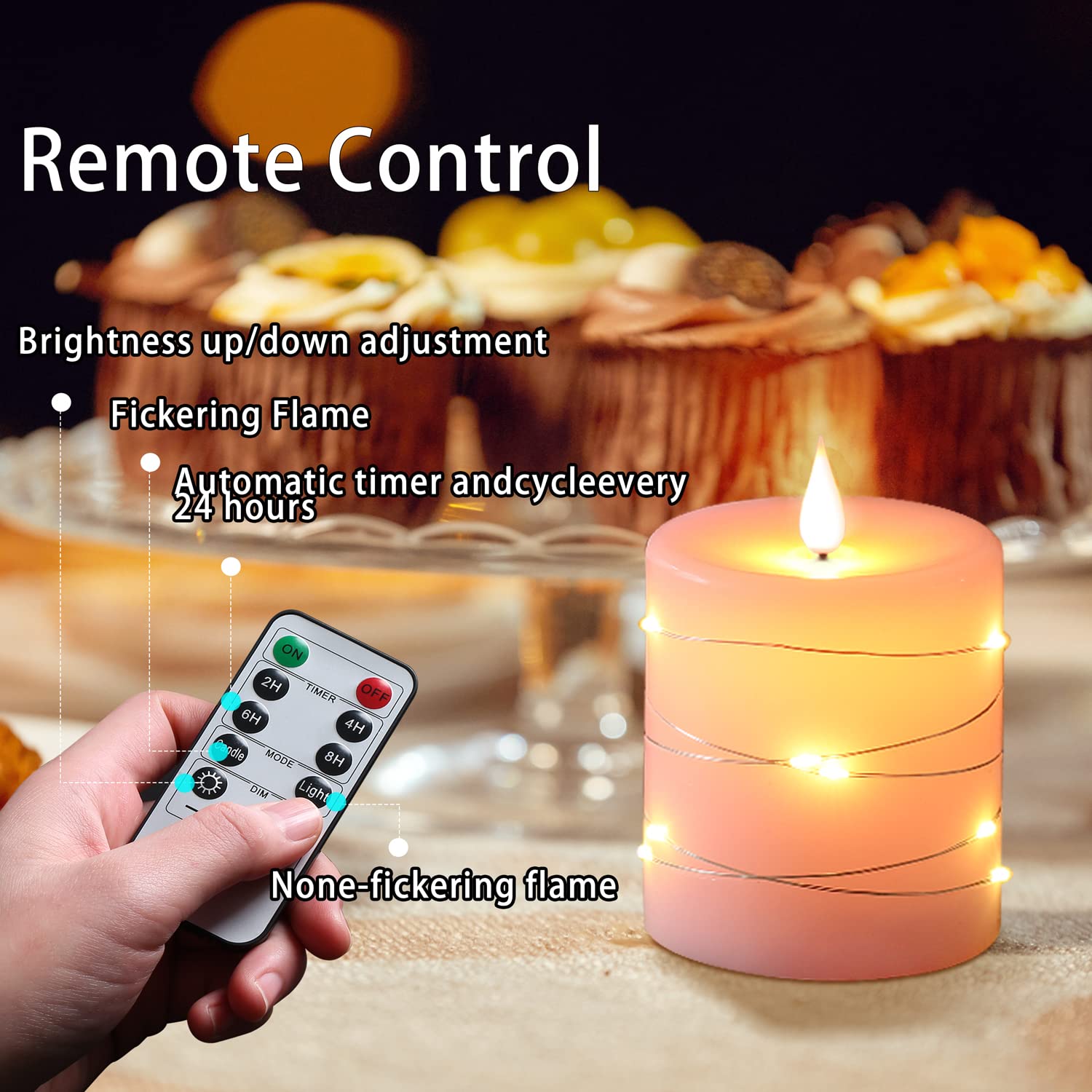 Fanzir Pink Flameless Candles With String Lights Battery Operated Flickering Led Pillar Candles 4? 5? 6? Candle With Remote Cont