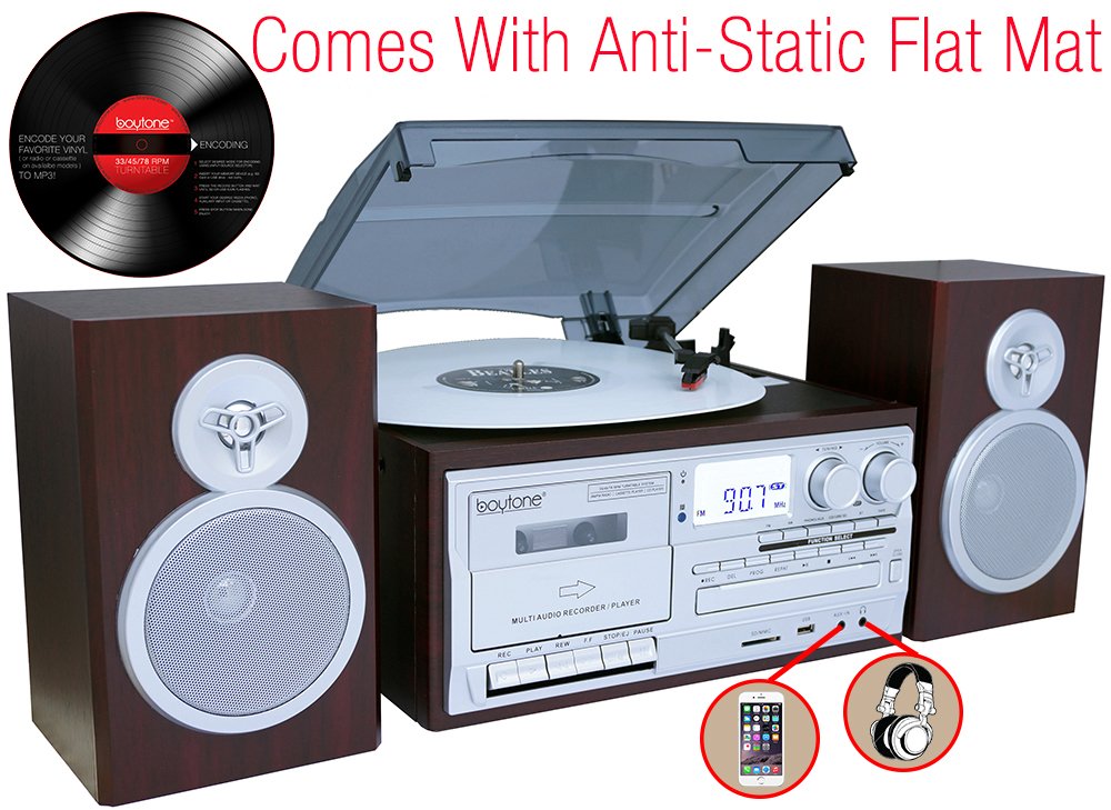 Boytone Bt 28Sps Bluetooth Classic Style Record Player Turntable With Am/Fm Radio, Cassette Player, Cd Player, 2 Separate Stereo Speakers, Record Vinyl, Radio, Cassette To Mp3 Sd Slot Usb, Aux Silver