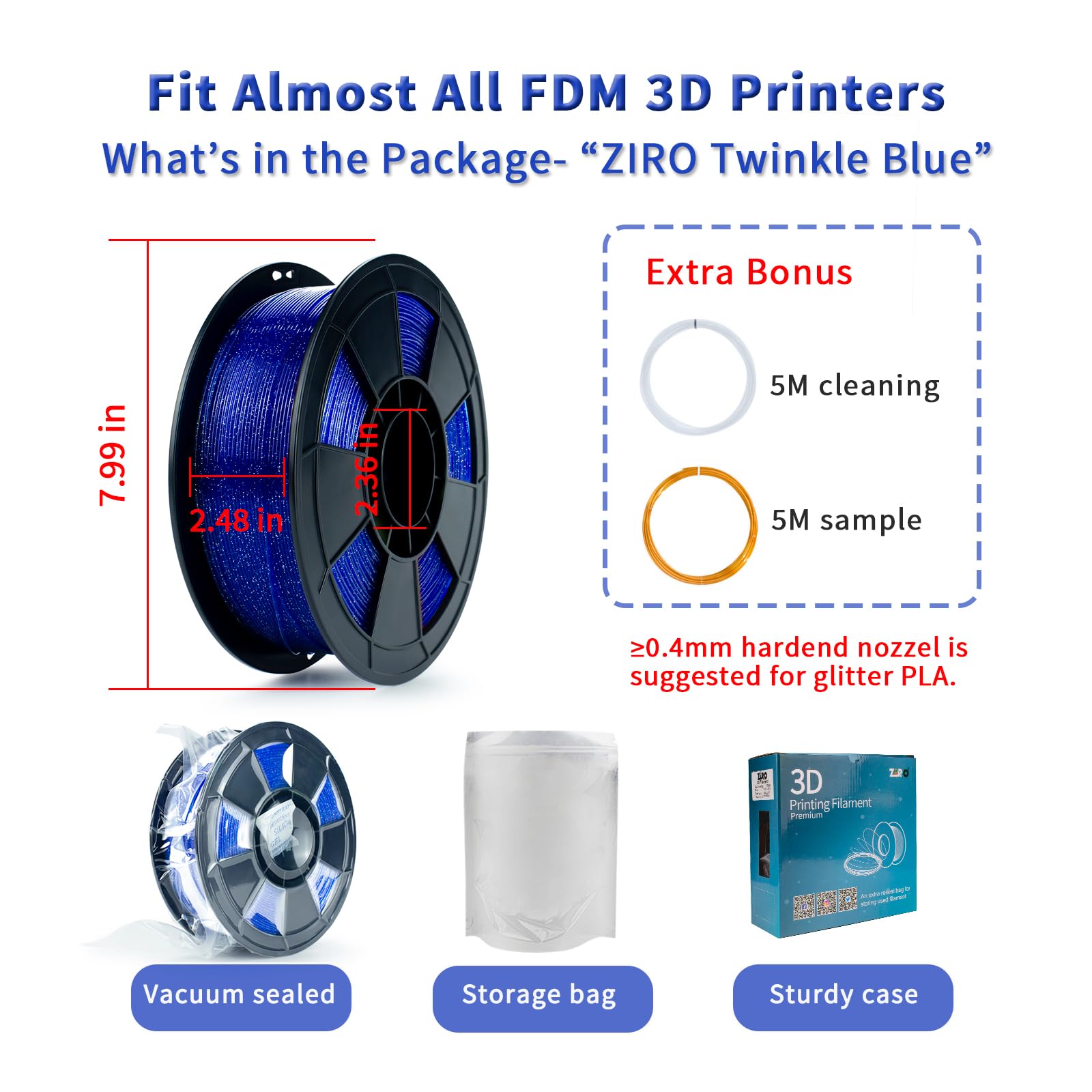 Ziro Glitter Pla Filament 1.75Mm, Sparkle Translucent 3D Printer Filament, Twinkle Series 2.2Lbs Spool, Neatly Wound, Fit Most F