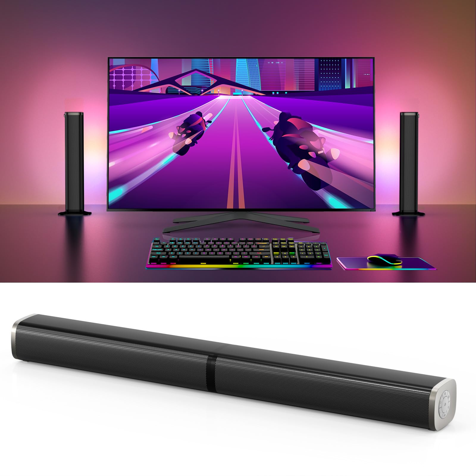 Wohome 2.2 Sound Bar For Tv With Built In Subwoofers, 32 Inches Detachable Soundbar Speaker, Bluetooth 5.3/Optical/Aux/Usb Connection With Colorful Backlight (Black)