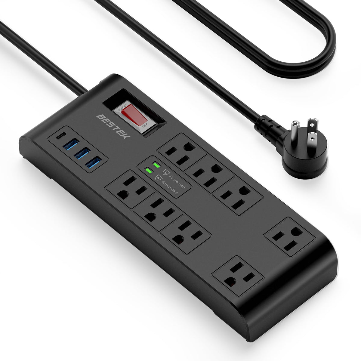 Bestek 4,000 Joules Surge Protector With Usb,6 Feet Extension Cord Power Strip With 8 Ac Outlets 15A 1875W,5V 4.2A 4 Usb Chargin