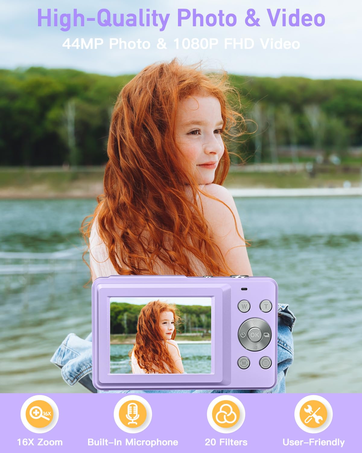 Aitechny Digital Camera, Fhd 1080P Kids Camera, 44Mp Point And Shoot Cameras For Pictures With 32Gb Card, 16X Zoom, Lanyard, Por