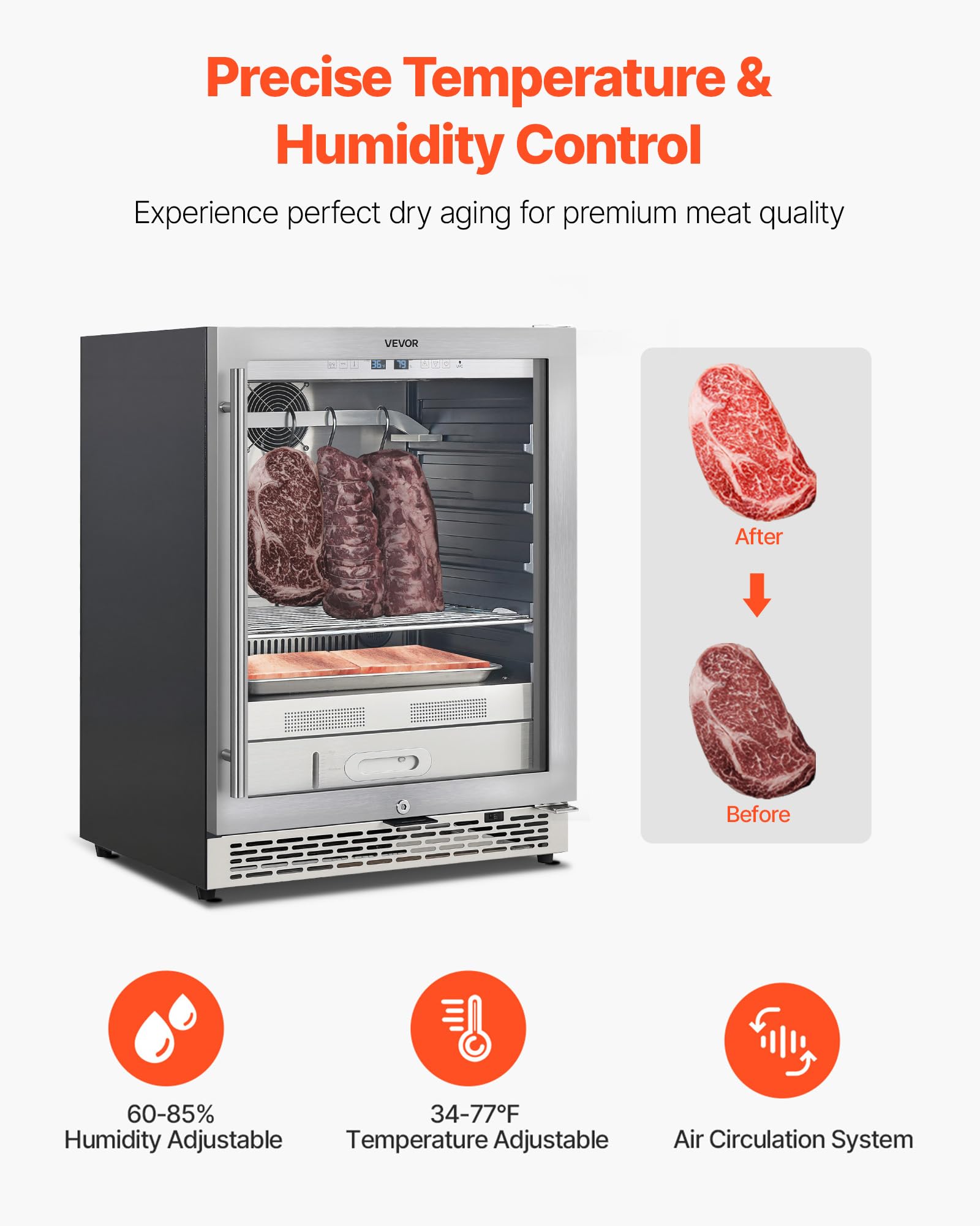 Vevor Zs-A145N Fridge For Steaks Dry Ager Refrigerator For Meat With Precise Temperature & Humidity Control, Freestanding & Unde
