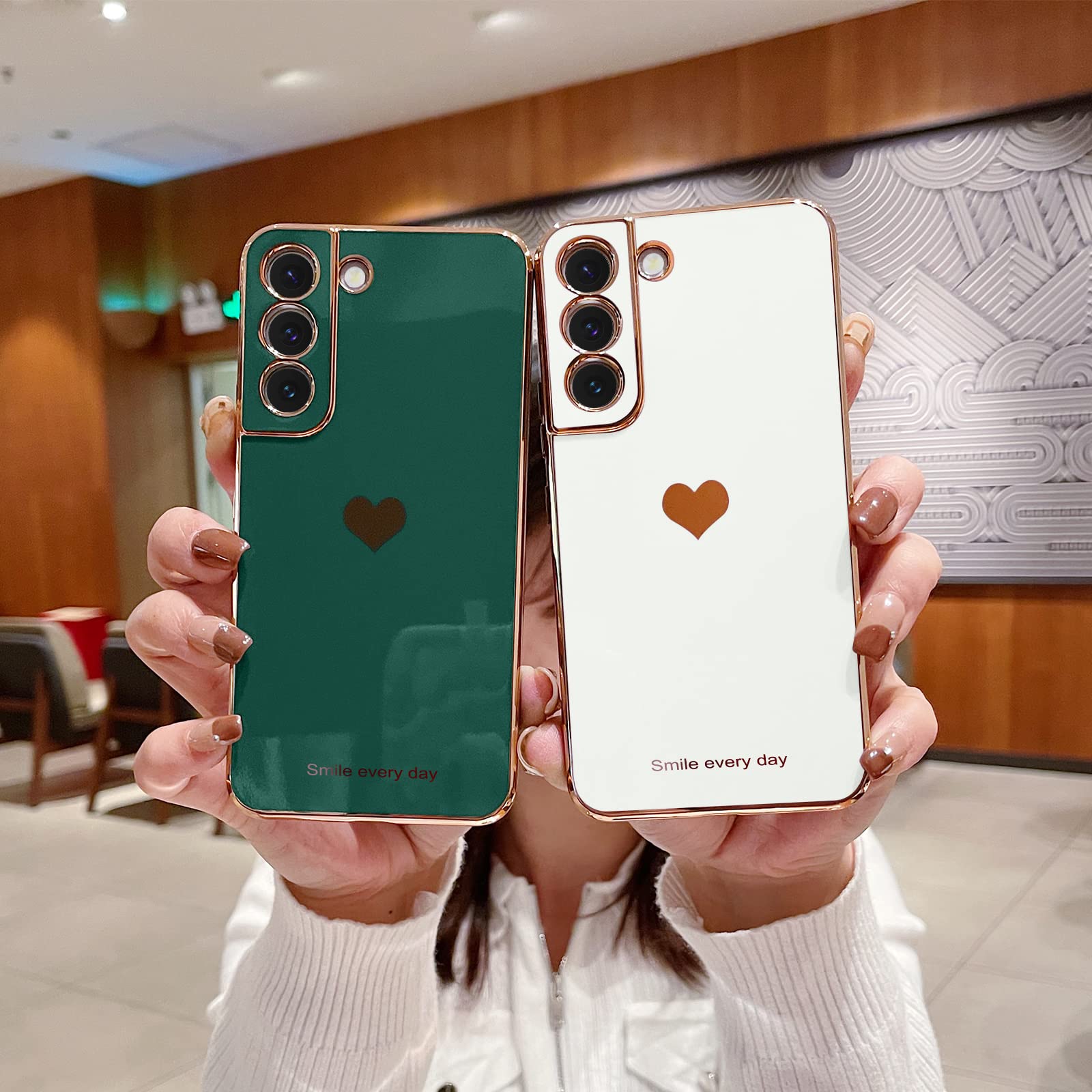 Teageo Samsung Galaxy S22 5G Case   Cute Love Heart Luxury Bling, Soft Silicone, Shockproof, Camera Protection, Darkish Green