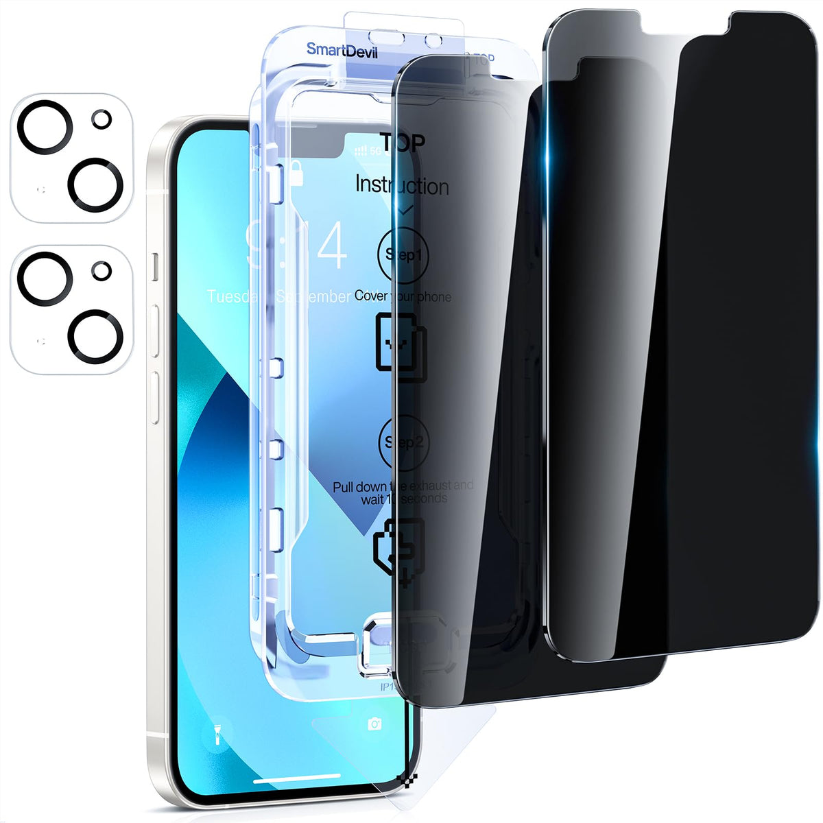 Smartdevil 2Pack For Iphone 14 Privacy Screen Protector With 2Pack Camera Lens Protector, 9H Protection Anti-Spy Privacy Glass T