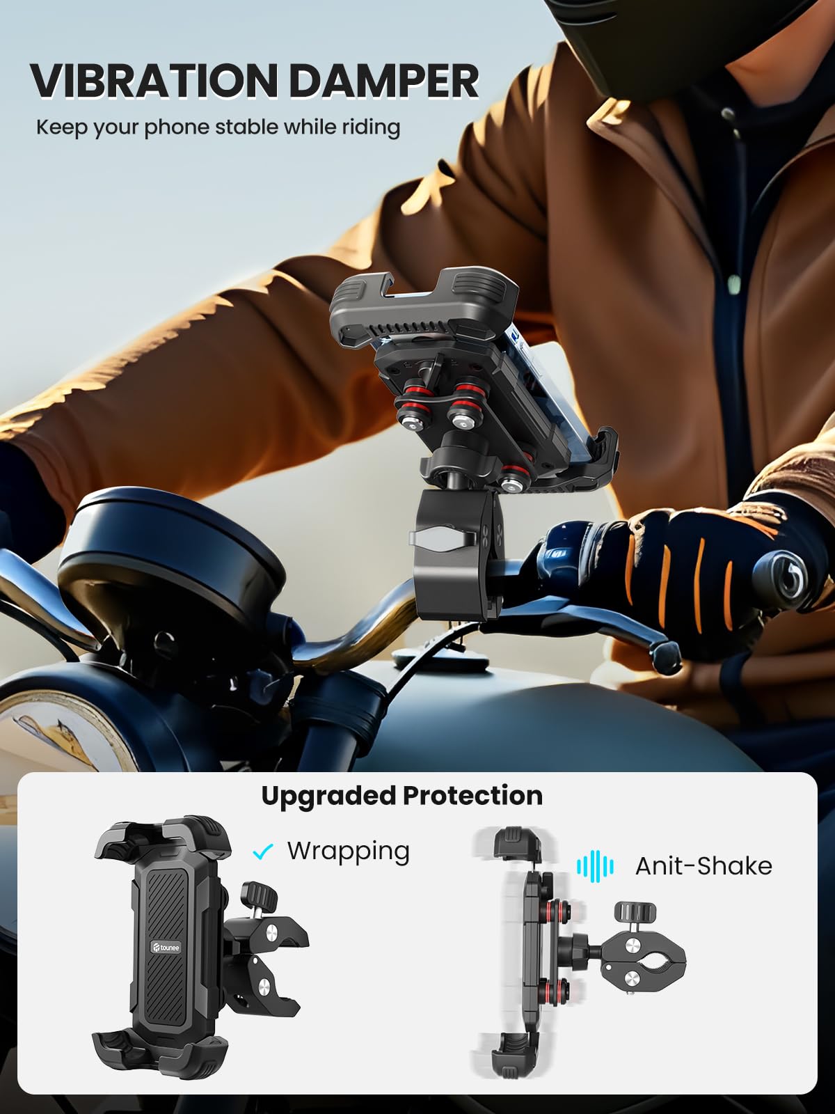 Tounee Motorcycle Phone Holder Mount -Dual Vibration Dampener, Tool-Free Bike Phone Holder Handlebar Clip & Secure Lock For Ipho