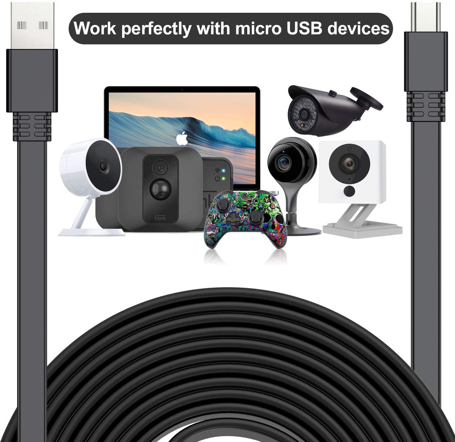 Itramax Micro Usb Cable 40 Ft (2 Pack),Flat Micro Usb Outdoor Charging Power Cord,Charger For Wyze Cam V3 V4,Yi Cam,Nest Cam,Blink Mini Xt Xt2 Outdoor 3Rd Gen Camera,Arlo Q,Zmodo,50,Feet