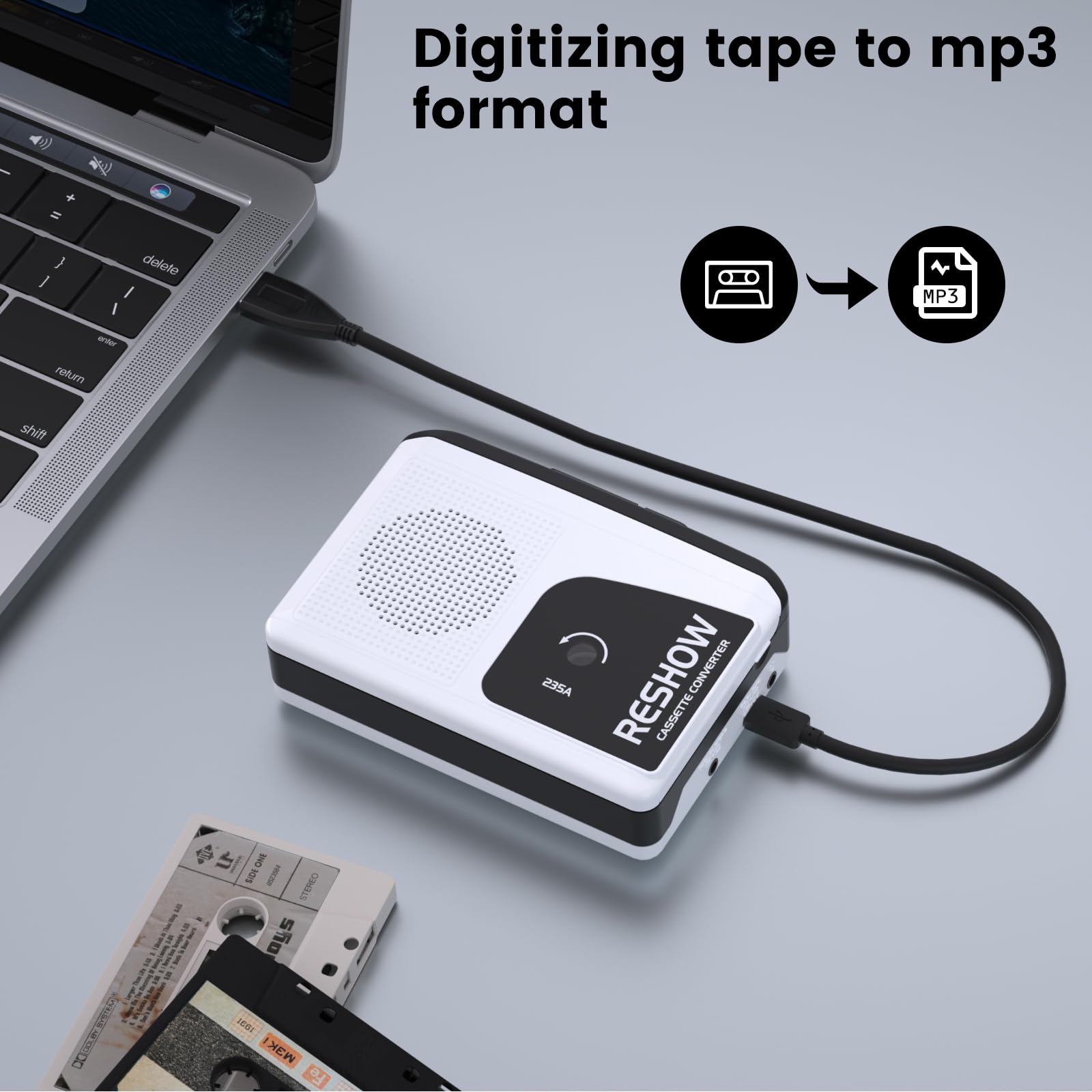 Reshow Portable Walkman Cassette Tape Player With Built In Speaker And Headphone Jack, Usb C Cassette To Mp3 Converter, Reverse Recording To Tape, Cassette Tape Recorder, Full Stereo Sound White