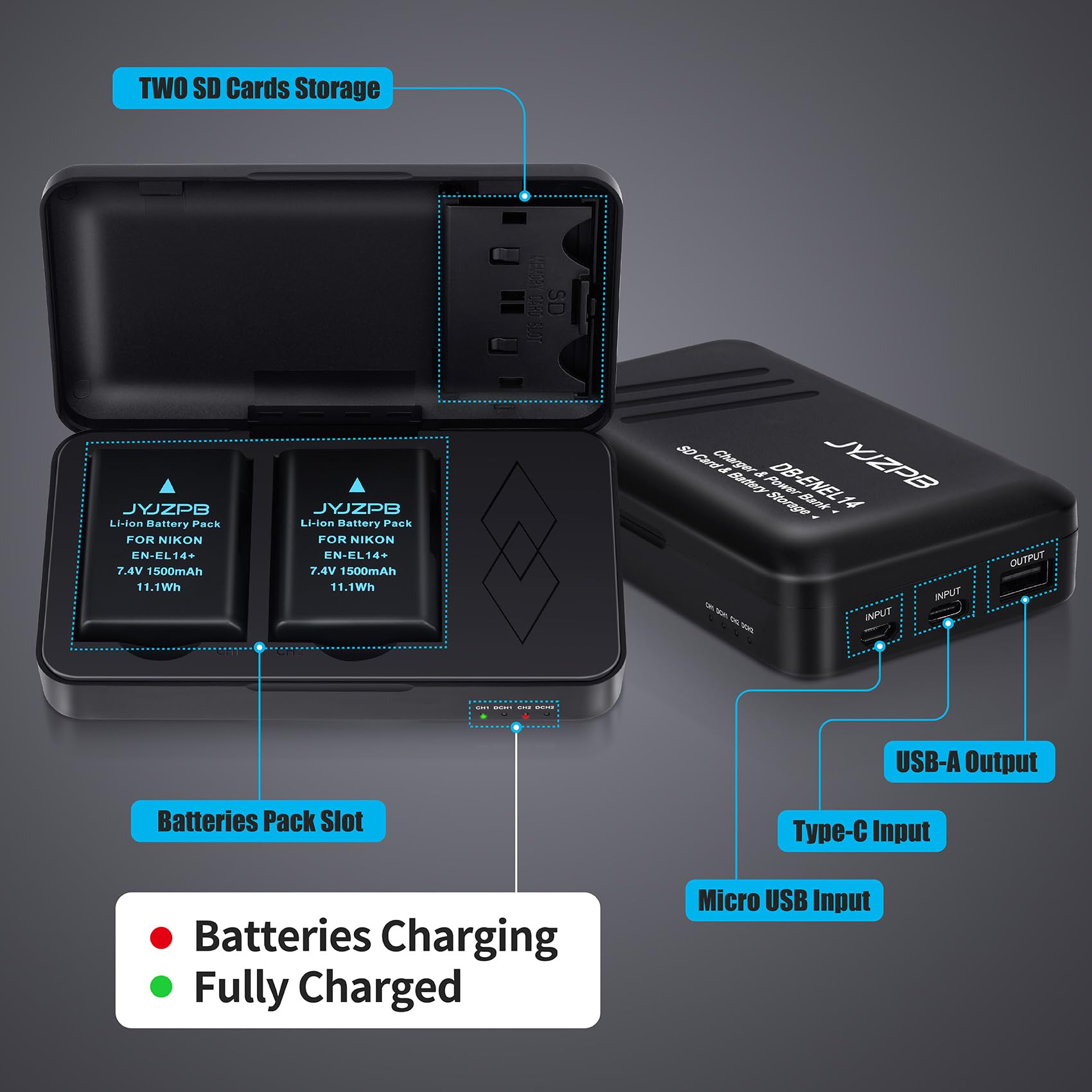 Jyjzpb En El14 En El14A Battery For Nikon D3200, D3400, D3500, D5600, D3300 Battery Charger Case With Dual Channel For Nikon D31