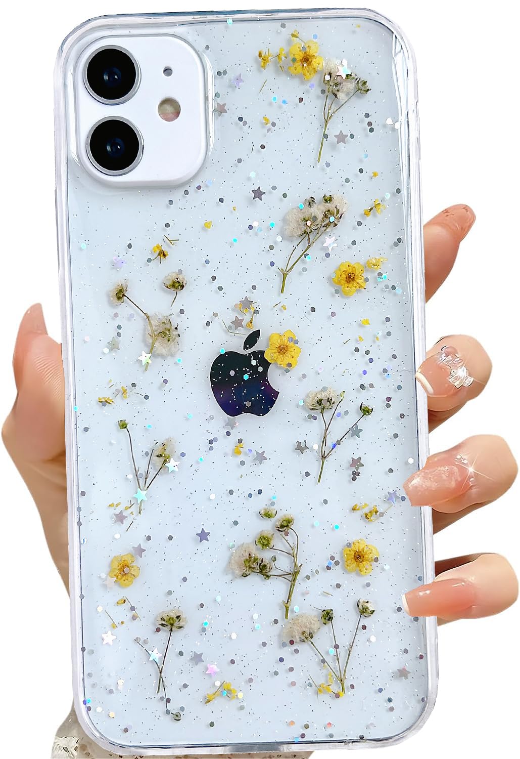 Lseeka For Iphone 11 Clear Case With Pressed Real Flowers Design,Glitter Cute Yellow Floral Pattern Slim Soft Tpu Protective Wom