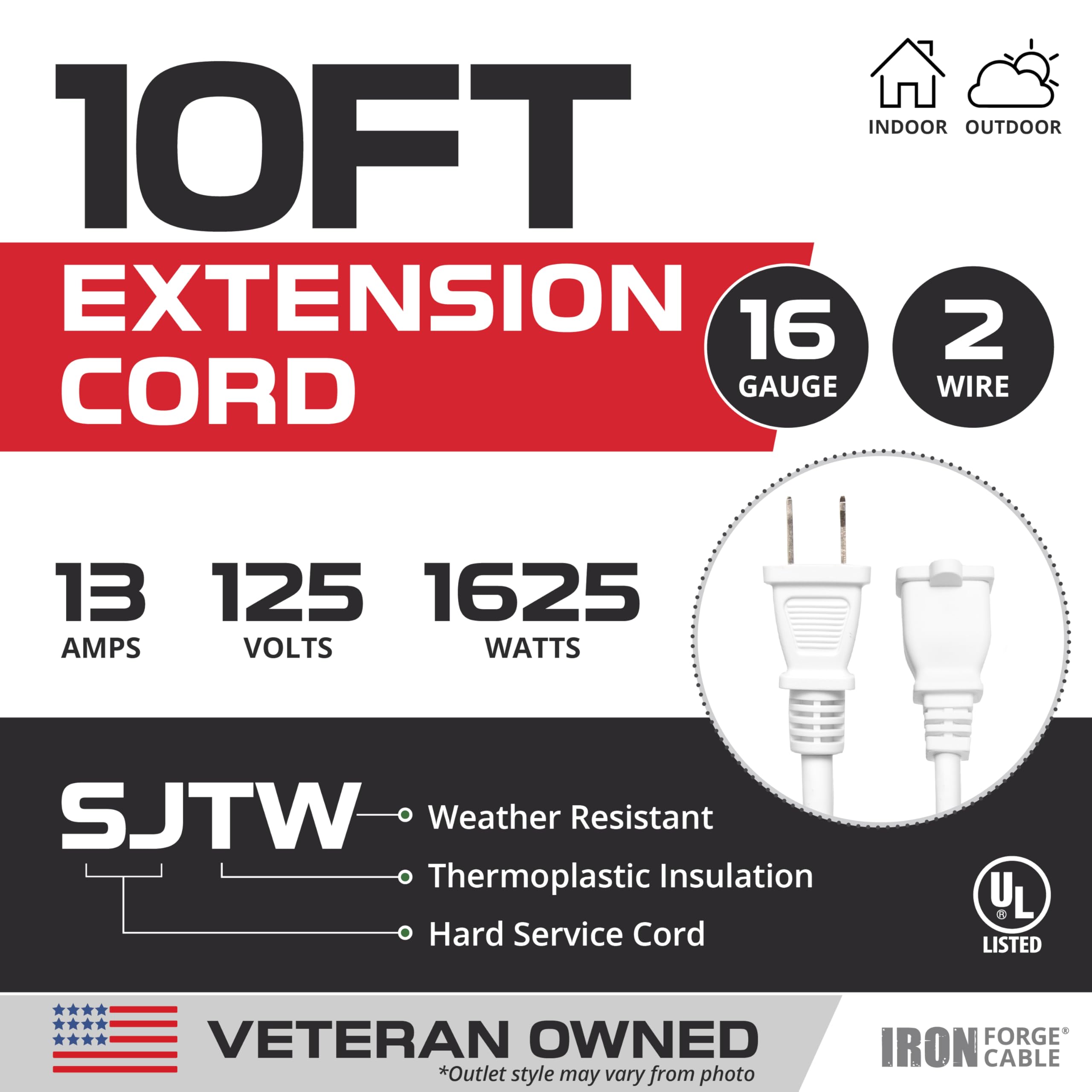 Iron Forge Cable 2 Prong Outdoor Extension Cord 10 Ft   16 Gauge 13 Amp Heavy Duty Power Extension Cords   Sjtw   Great For Outd
