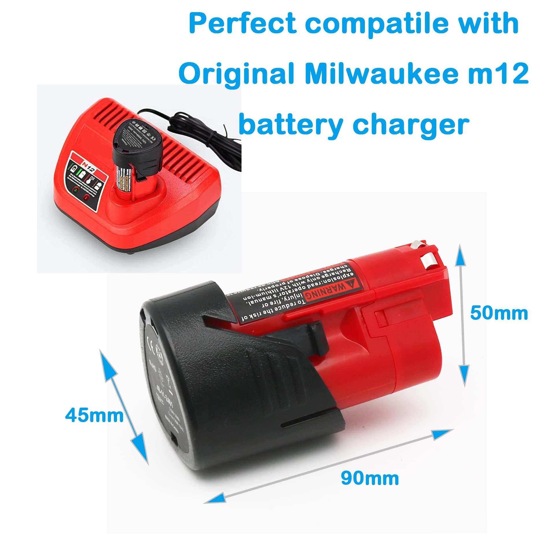 Volt1799 2 Pack 3.0Ah Replacement M12 Batteries And Rapid Charger For Milwaukee 12V Tools