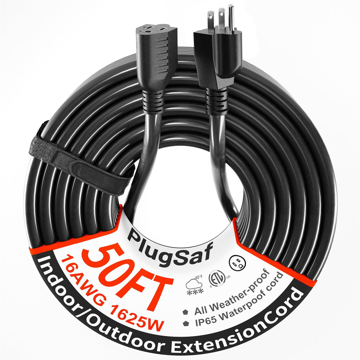 Plugsaf Black Outdoor Extension Cord 50 Ft 16/3 Gauge Waterproof, Cold Weatherproof  58?F, Flame Retardant, Flexible 3 Prong Hea