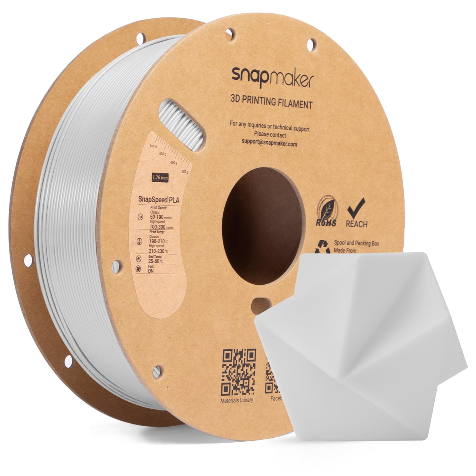 Snapmaker PLA Basic Filament 1.75mm, 3D Printer Filament for Up to 300mm/s High Speed Printing,Dimensional Accuracy +/- 0.02 mm,