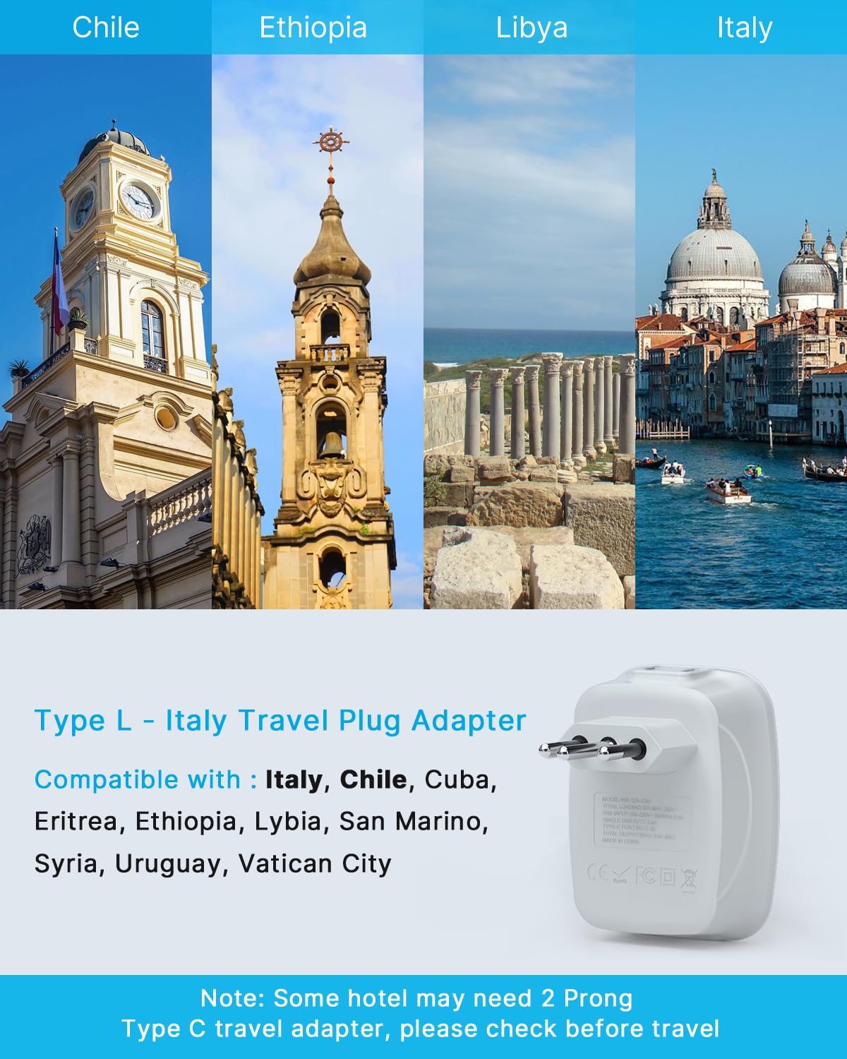 3 Pack Italy Travel Plug Adapter, Vintar Us To Italy Power Adapter With 1 Usb C 3 Usb A Ports And 2 American Outlets, 6 In 1 Out