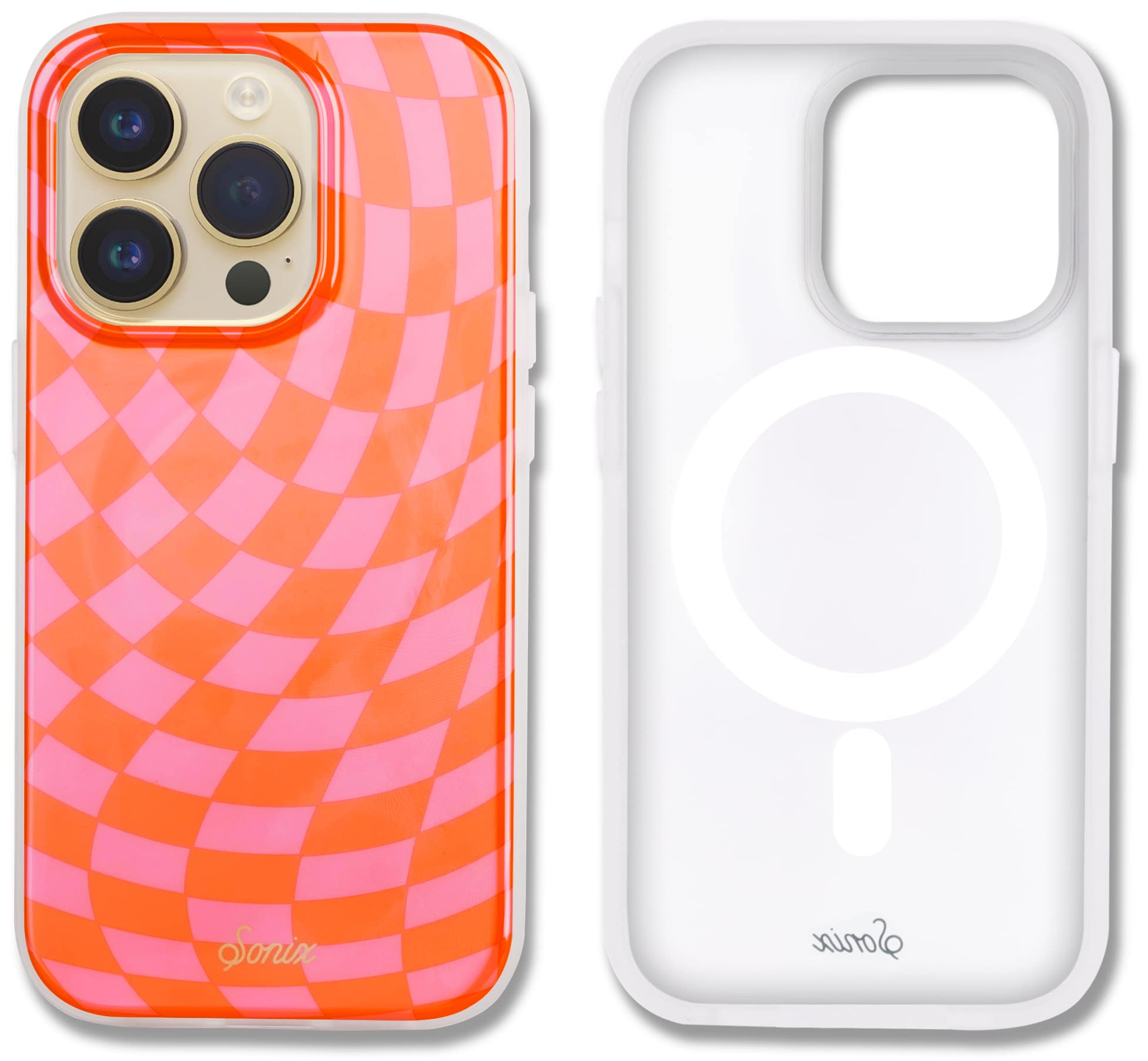 Sonix Case For Iphone 14 Pro | Compatible With Magsafe | 10Ft Drop Tested | Checkered Orange, Pink
