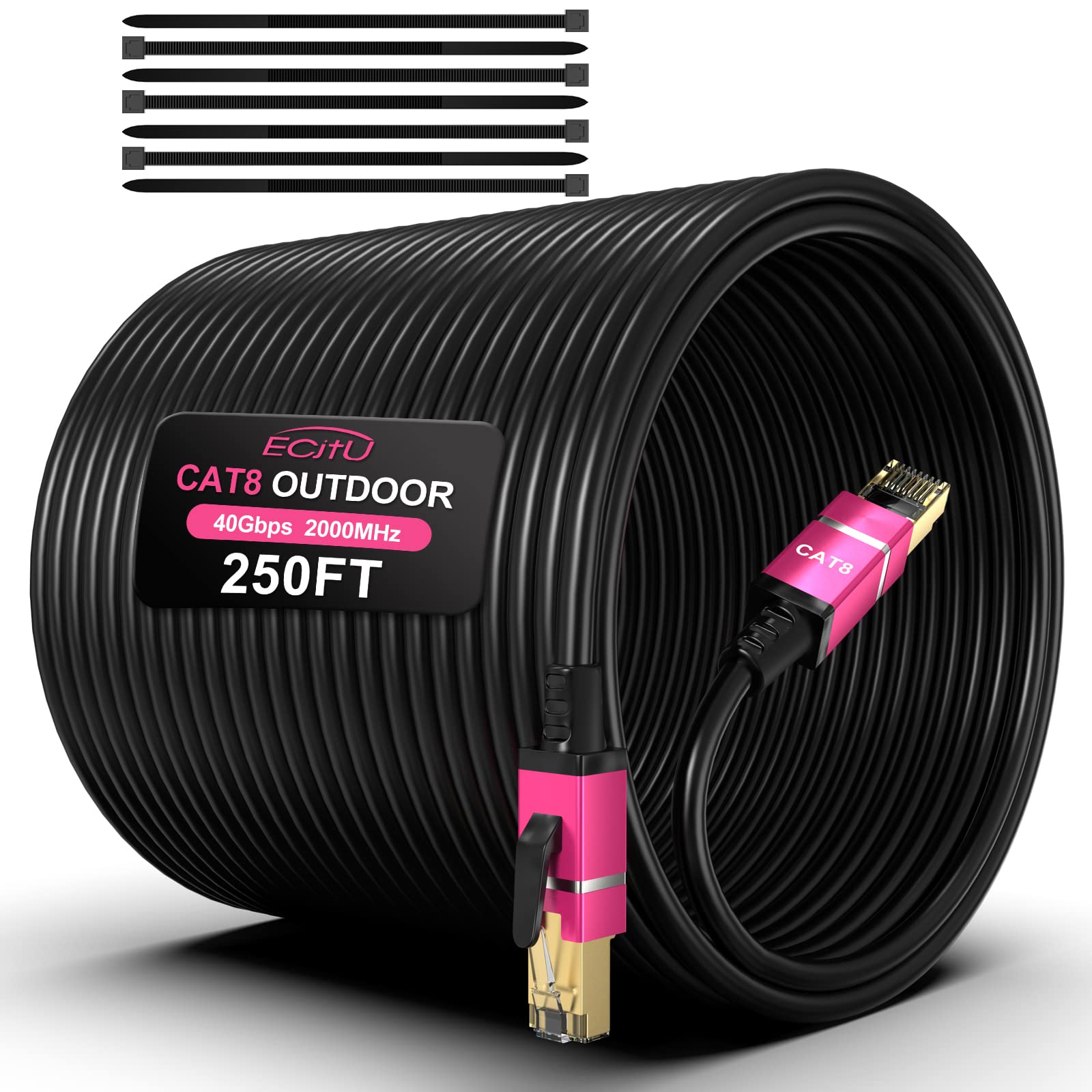 250Ft Cat8 Outdoor Ethernet Cable, In Ground, 26Awg Pure Copper Cat 8, Heavy Duty Direct Burial, Lldpe Uv Jacket, Waterproof, 40Gbps 2000Mhz Sftp Patch Cord, Poe, Network, Internet, With 25 Cable Ties