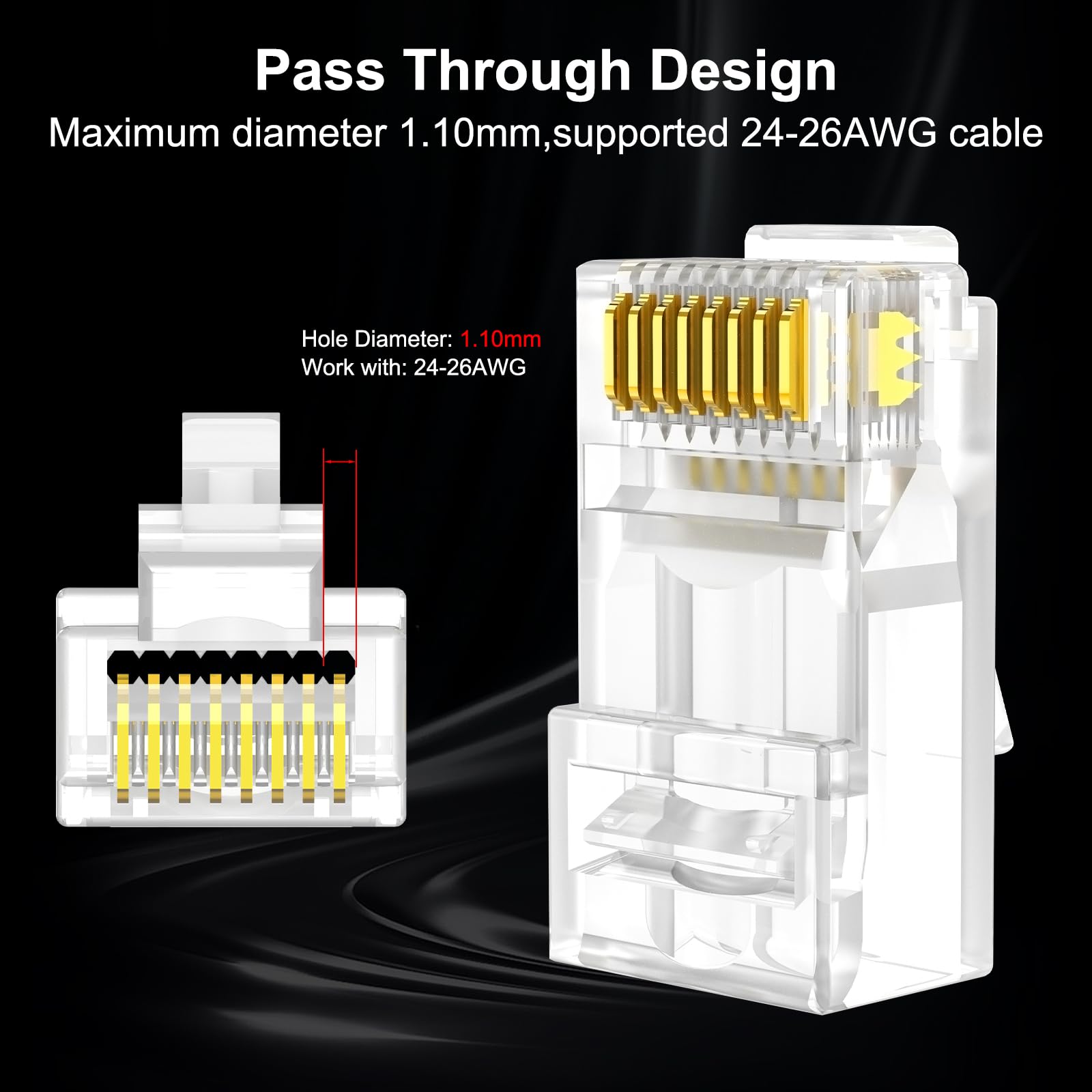 Therathy Cat 6 Pass Through Rj45 Connectors, Supports 24 To 26 Awg Rj45 Crimp Ends Utp Network Plug (50 * Cat6 Plug + 50 * Strai