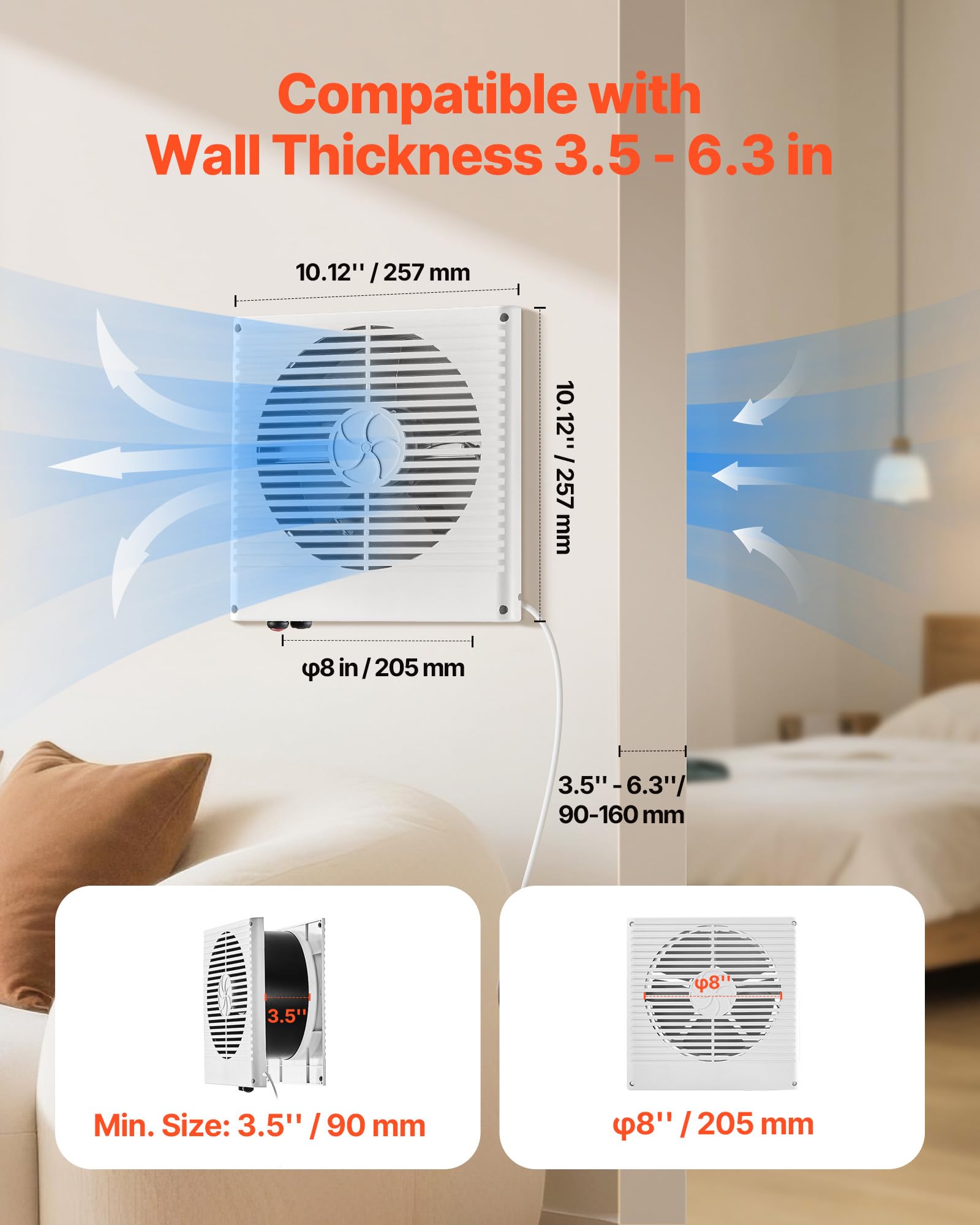 Vevor Room To Room Fan, Two-Way Airflow Through-The-Wall Fan 8 With Temperature Control, 180 Cfm Ventilation Quiet In-Wall Exhau