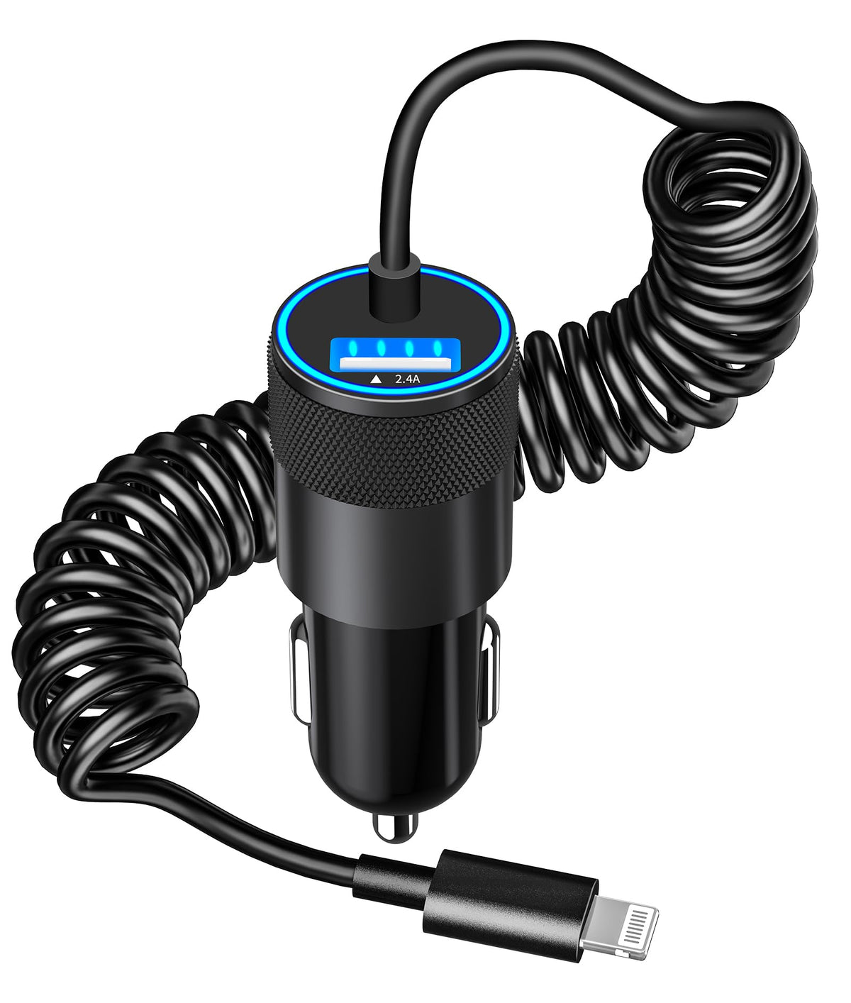 [Apple Mfi Certified] Iphone Fast Car Charger, Caiinei 4.8A Dual Usb Power Car Charger Adapter With Built In 6Ft Coiled Lightnin