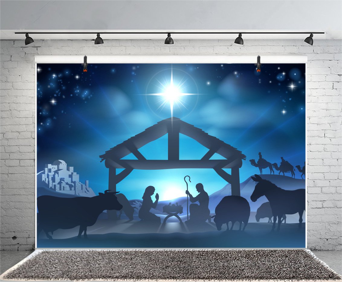 Lfeey 7X5Ft Birth Of Jesus Backdrop Christmas Night Manger Nativity Scene Silhouette Background Farm Barn Stable Christianity Ph