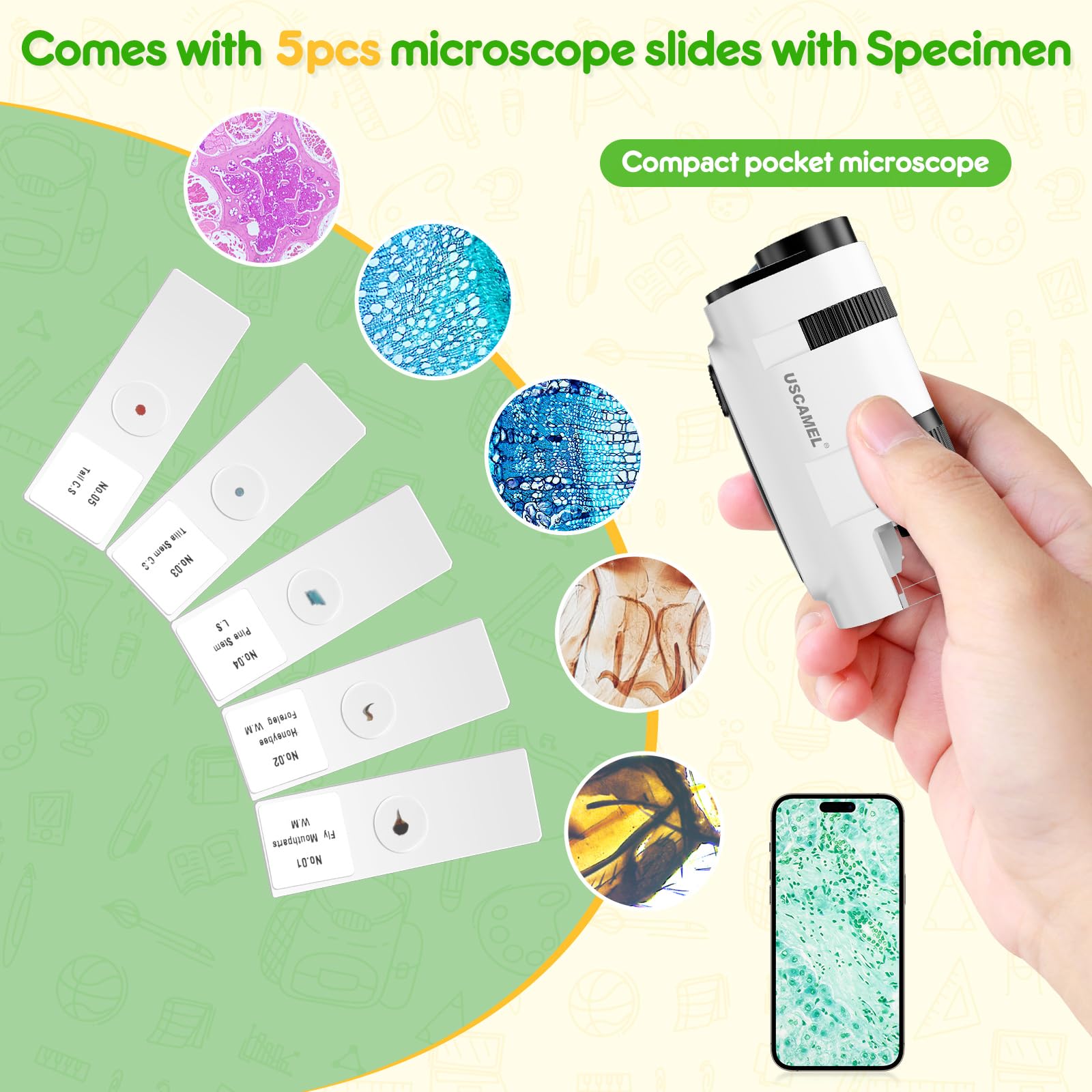 Pocket Microscope For Kids And Adults   135X Mini Microscope, Portable Handheld Minimicroscope With 5 Microscope Slides, Perfect