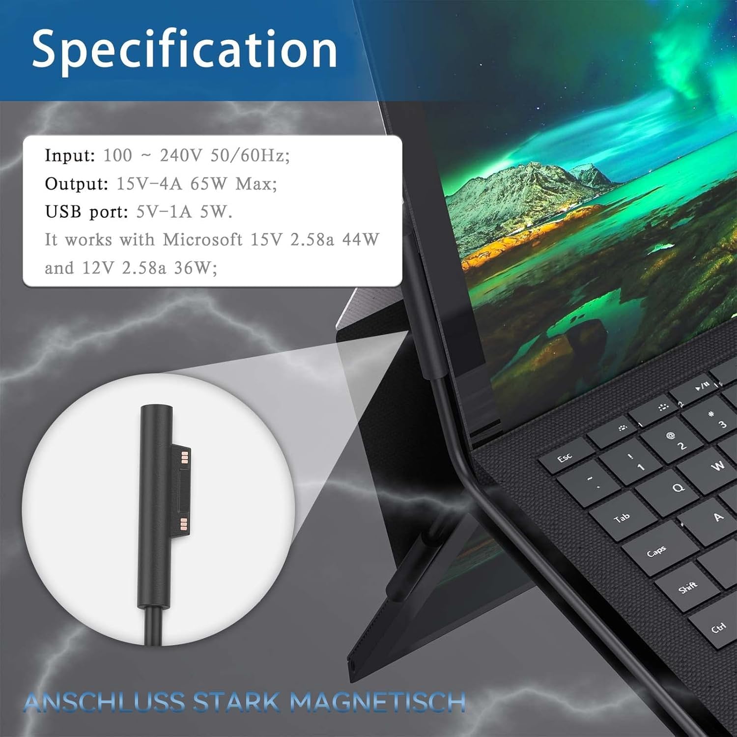 Surface Pro Charger 65W, Surface Charger For Microsoft Surface Pro 11, 10, 9, 8, 7+, 7, 6, 5, 4, 3, X, Windows Surface Laptop 6, 5, 4, 3, 2, 1, Surface Go Tablet, Surface Book 3, 2, 1 Power Supply