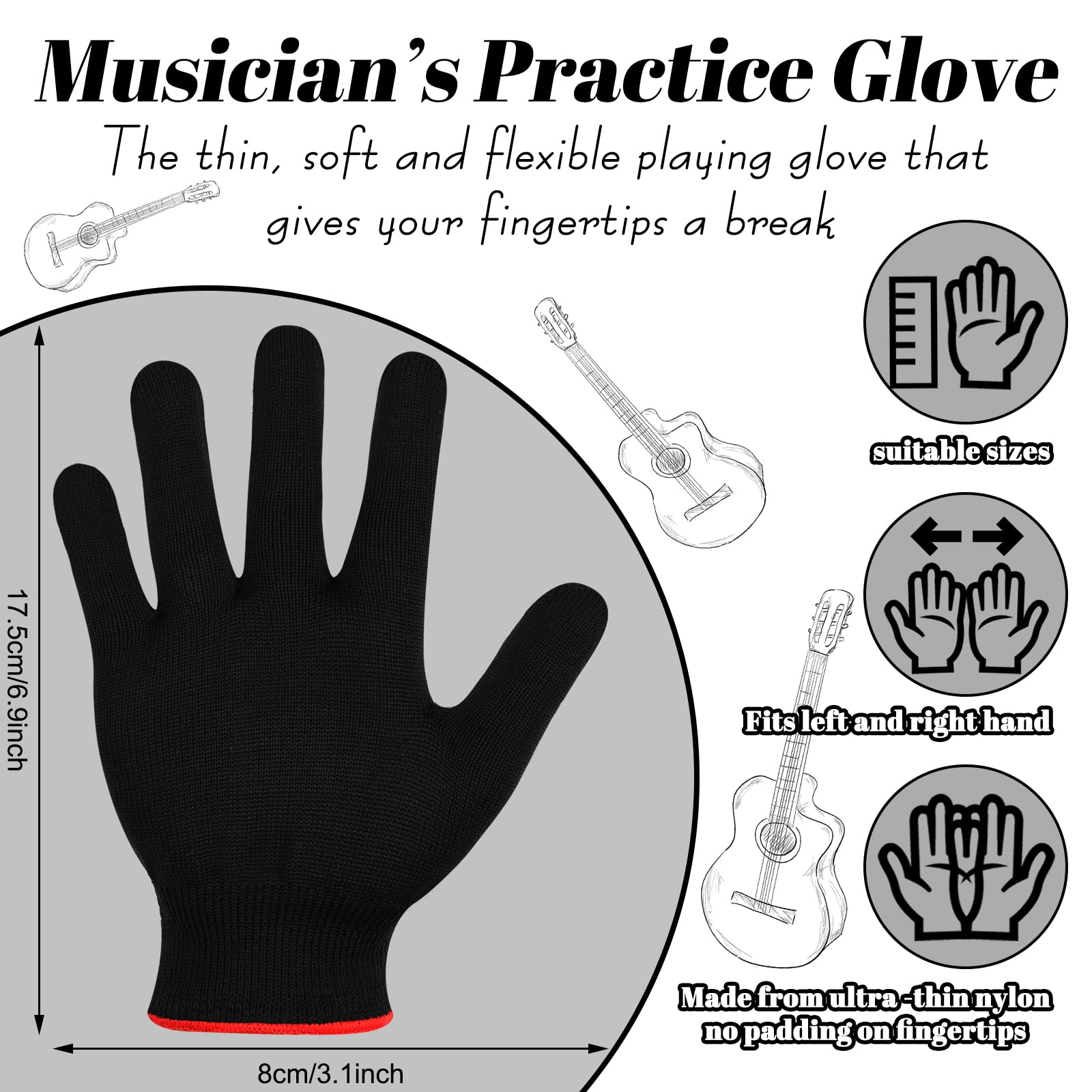 Jiuguva 4 Pieces Guitar Gloves Black Bass Glove For Men Women Guitar Players Finger Hand Protector Instrument Accessories, Mediu
