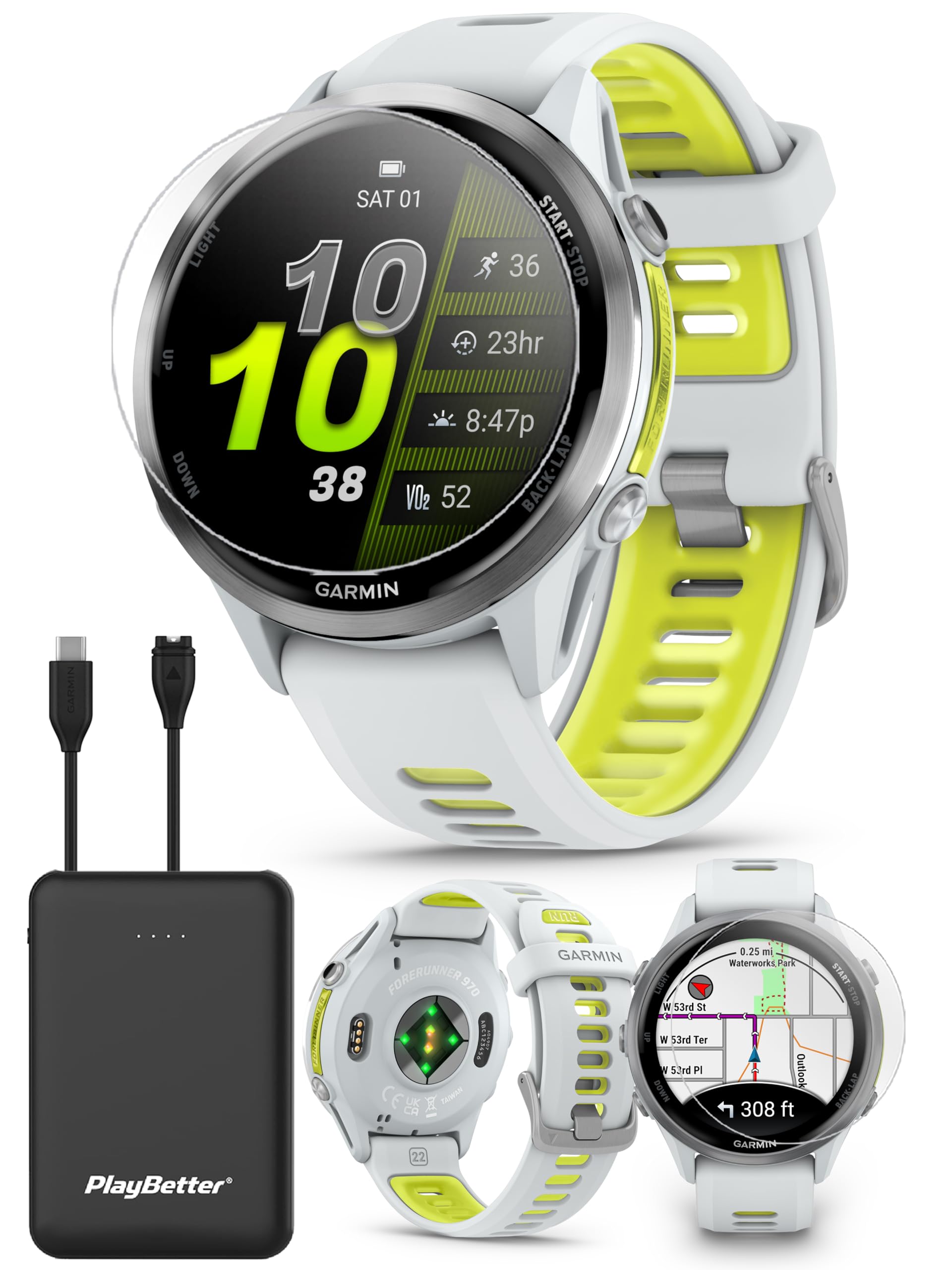 PlayBetter Garmin Forerunner 970 (Whitestone/Translucent Amp Yellow) Premium GPS Running & Triathlon Smartwatch Bundle - AMOLED,