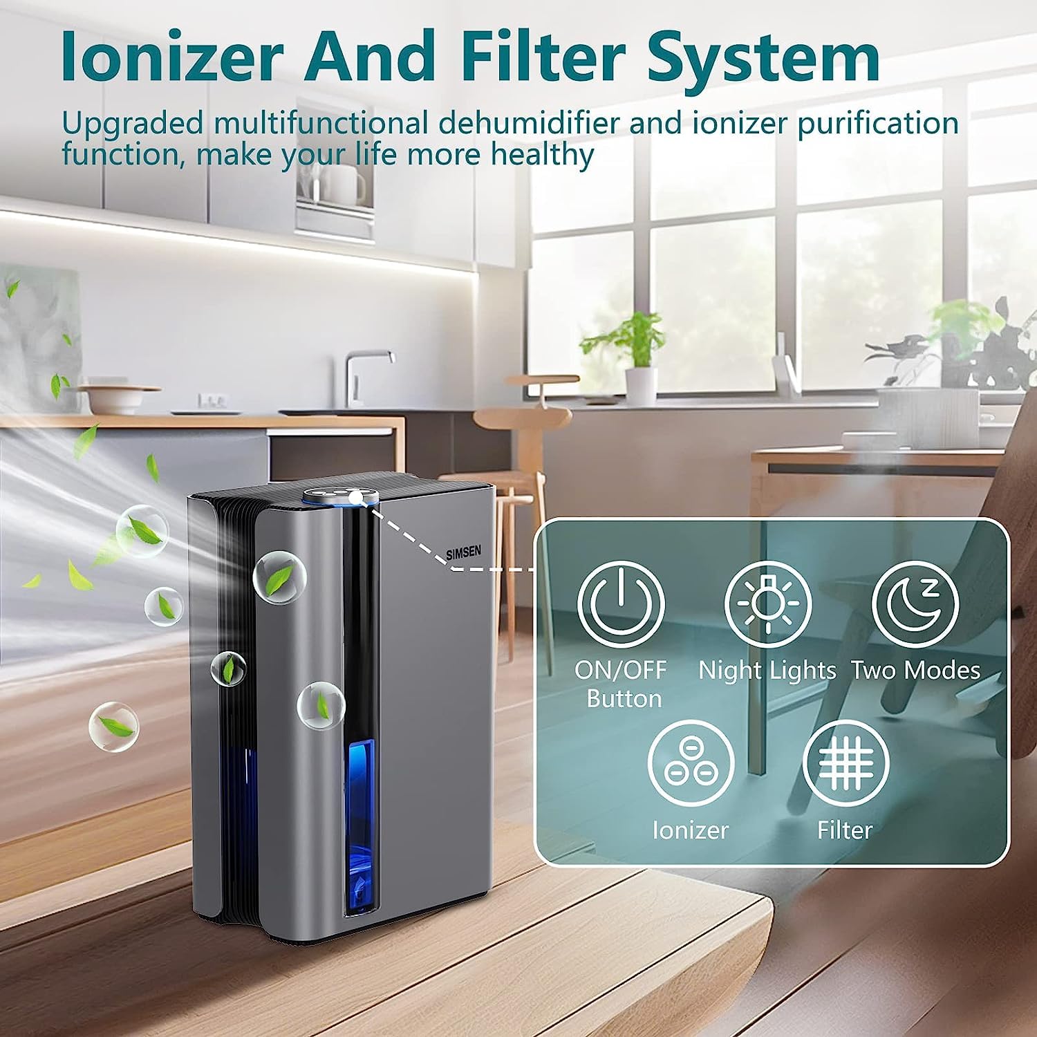Simsen 95Oz Dehumidifiers For Home, 800 Sq Ft Quiet Dehumidifier With Reusable Filter And Ionizer, Small Dehumidifier With Drain