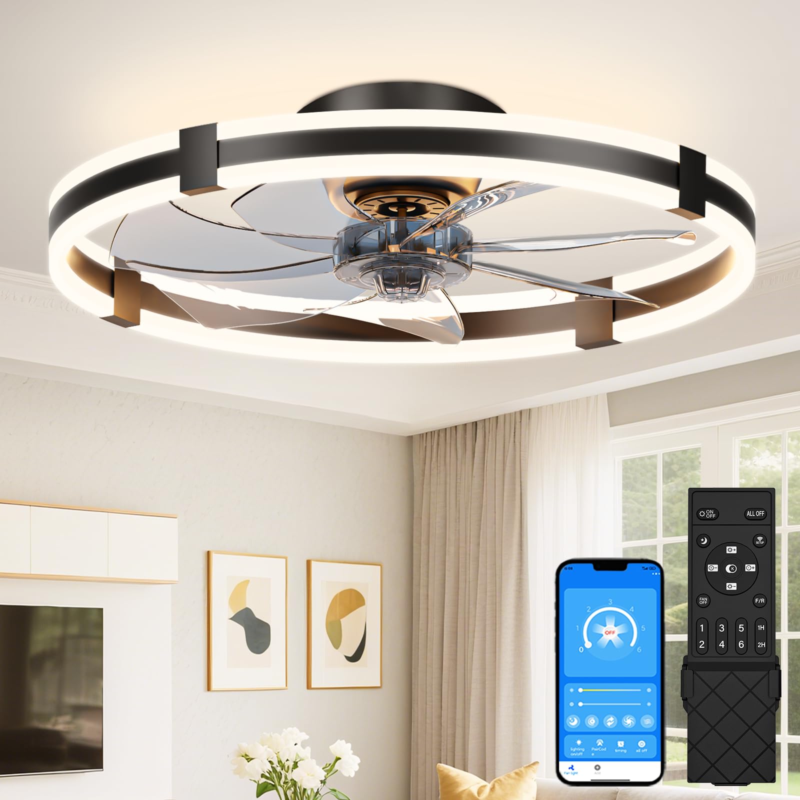 VOLISUN Ceiling Fans with Lights and Remote, 23.6in Low Profile Ceiling Fans with Light, 3000K-6500K Dimmable Fandelier Ceiling 