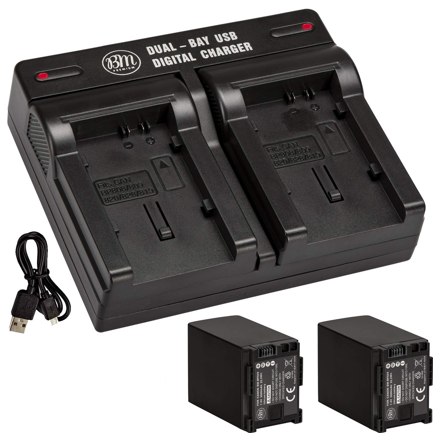 BM Premium 2 BP 828 Batteries and Dual Battery Charger for Canon VIXIA HF G40, HF G50, HF G60, HF G70, XA40, XA45, XA50, XA55, XA60, XA65, XA70, XA75, XA10, XA11, XA15, XA20, XA25, XF400, XF405