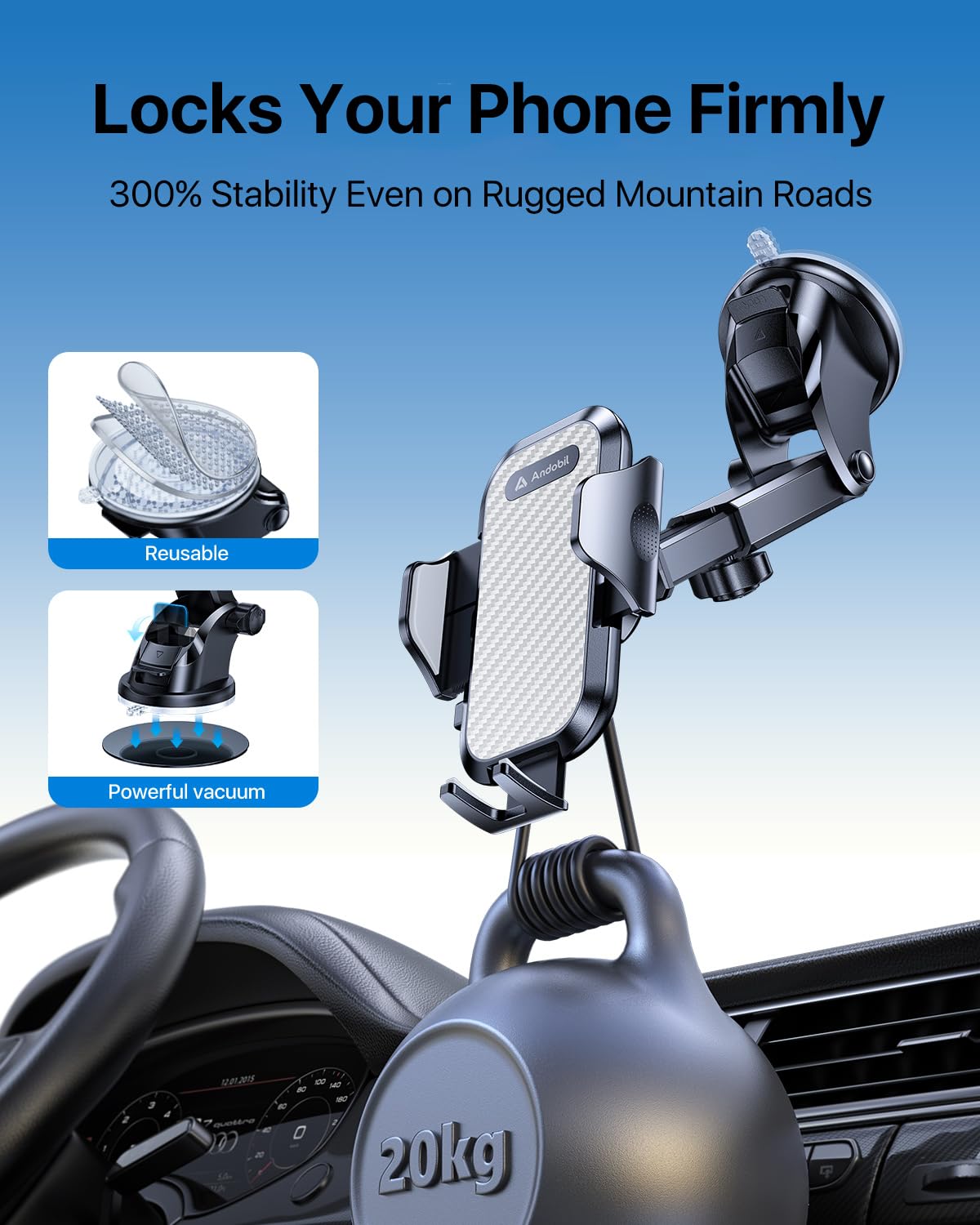 Andobil Newest Car Phone Holder Mount (Bumpy Roads Friendly) Military Grade Phone Holders For Your Car Dashboard Windshield Air