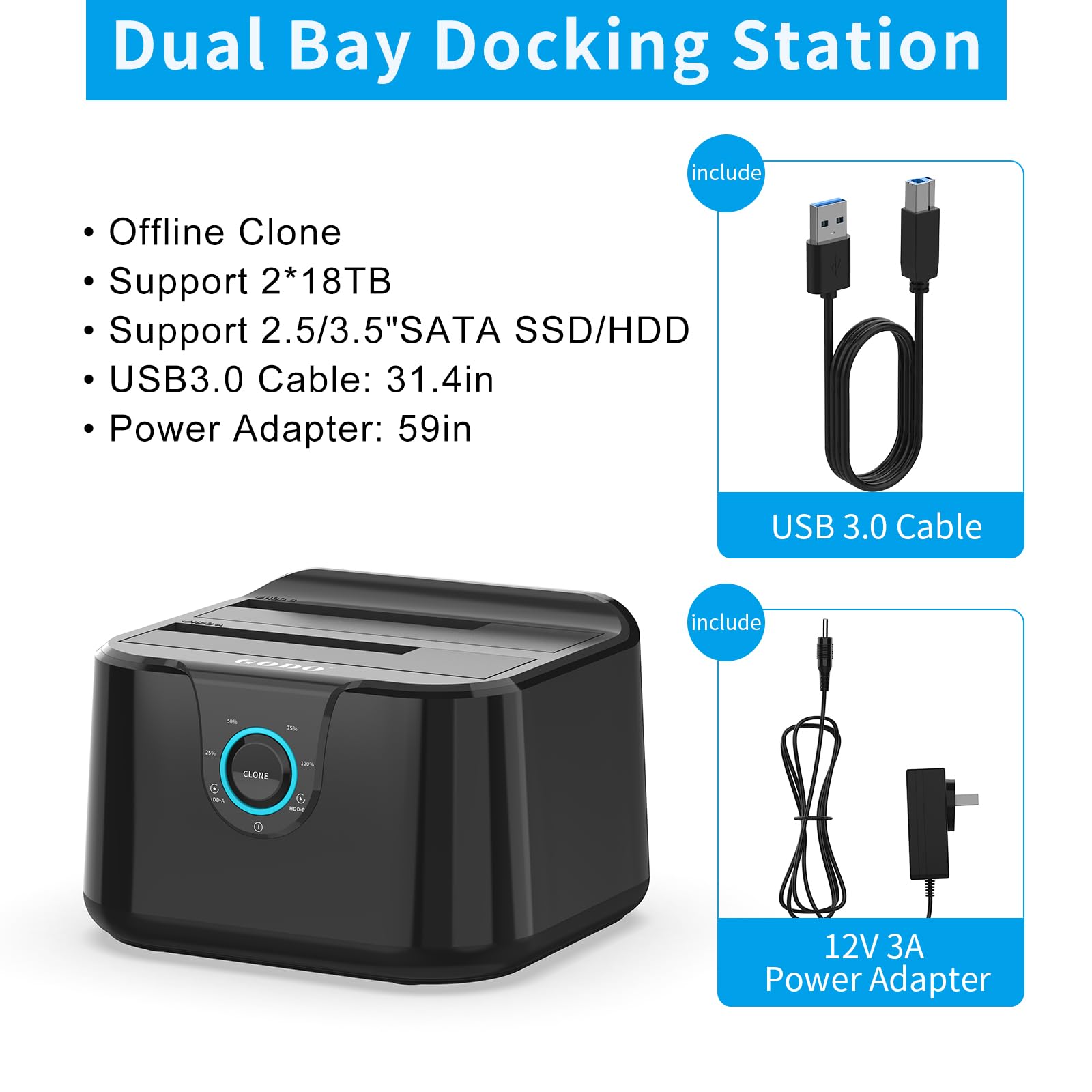 Godo Usb 3.0 To Sata Iii Mini Dual Bay External Hard Drive Docking Station For 2.5/3.5 Inch Hdd Ssd,Support Offline Clone,Hot Pl