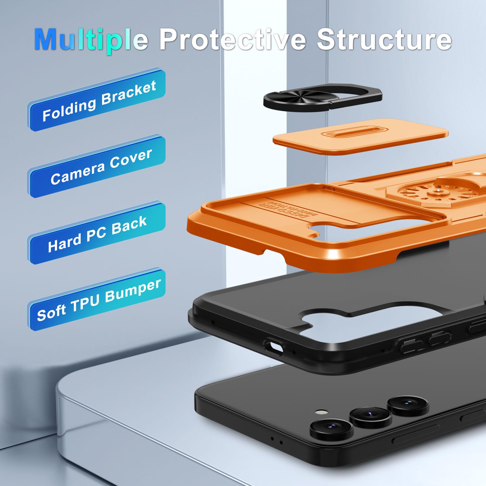 Janmitta Compatible With Samsung Galaxy S24 Case Built In Slide Camera Lens Cover+Screen Protector+Ring Holder,Heavy Duty Shockp