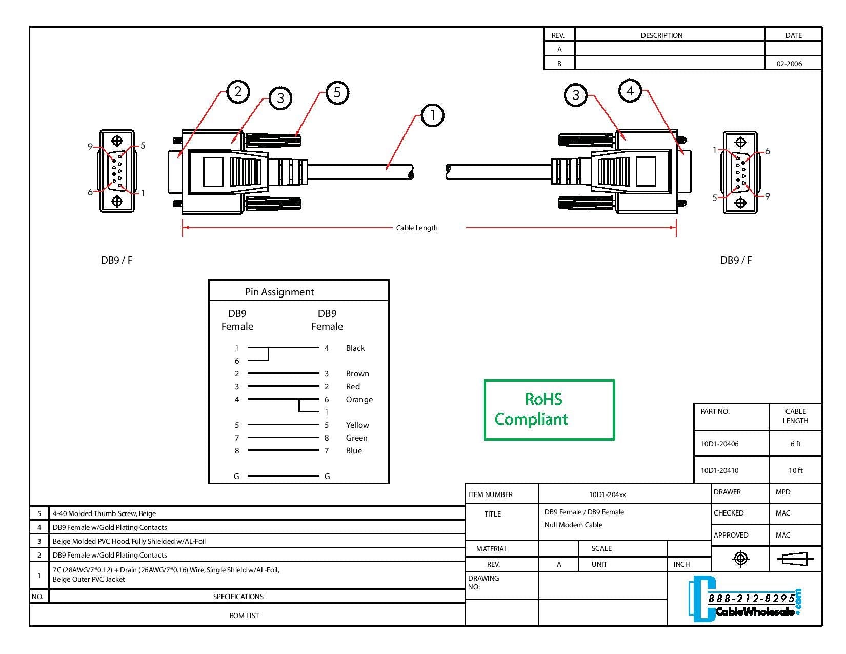 Cablewholesale Null Modem Cable, Db9 Female To Db9 Female Serial Cable, Ul Rated, 8 Conductor, Beige, 6 Feet, Db9 Serial Null Mo