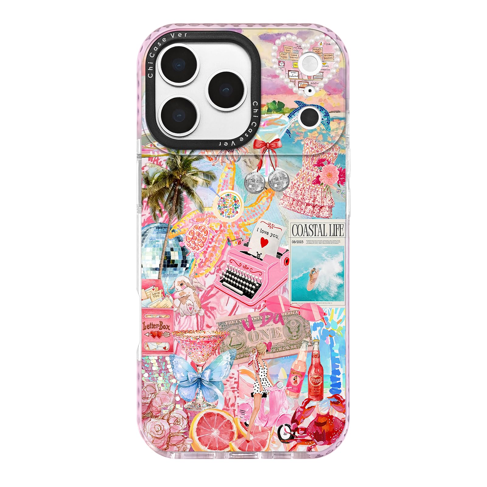 ChiCaseVer for iPhone 17 Pro Case, Coastal Life Pattern with Tropical Collage, Military-Grade Drop Protection, Pink Paradise Sof